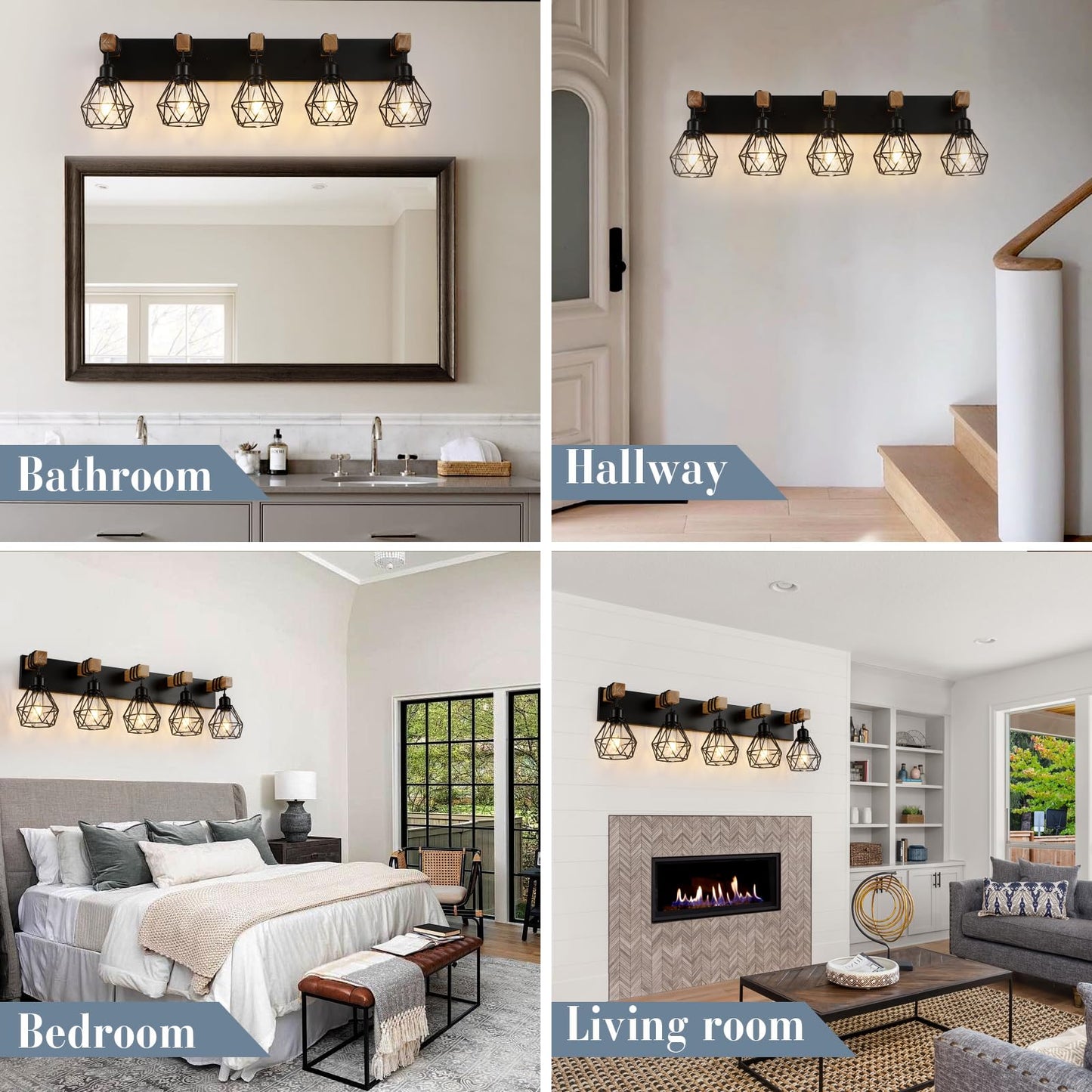 Farmhouse Vanity Light for Bathroom, 3-Light Wood Bathroom Vanity Light Fixtures Over Mirror, Rustic Sconces Wall Lighting with Metal Lampshade for Living Room, Bedroom, Hallway