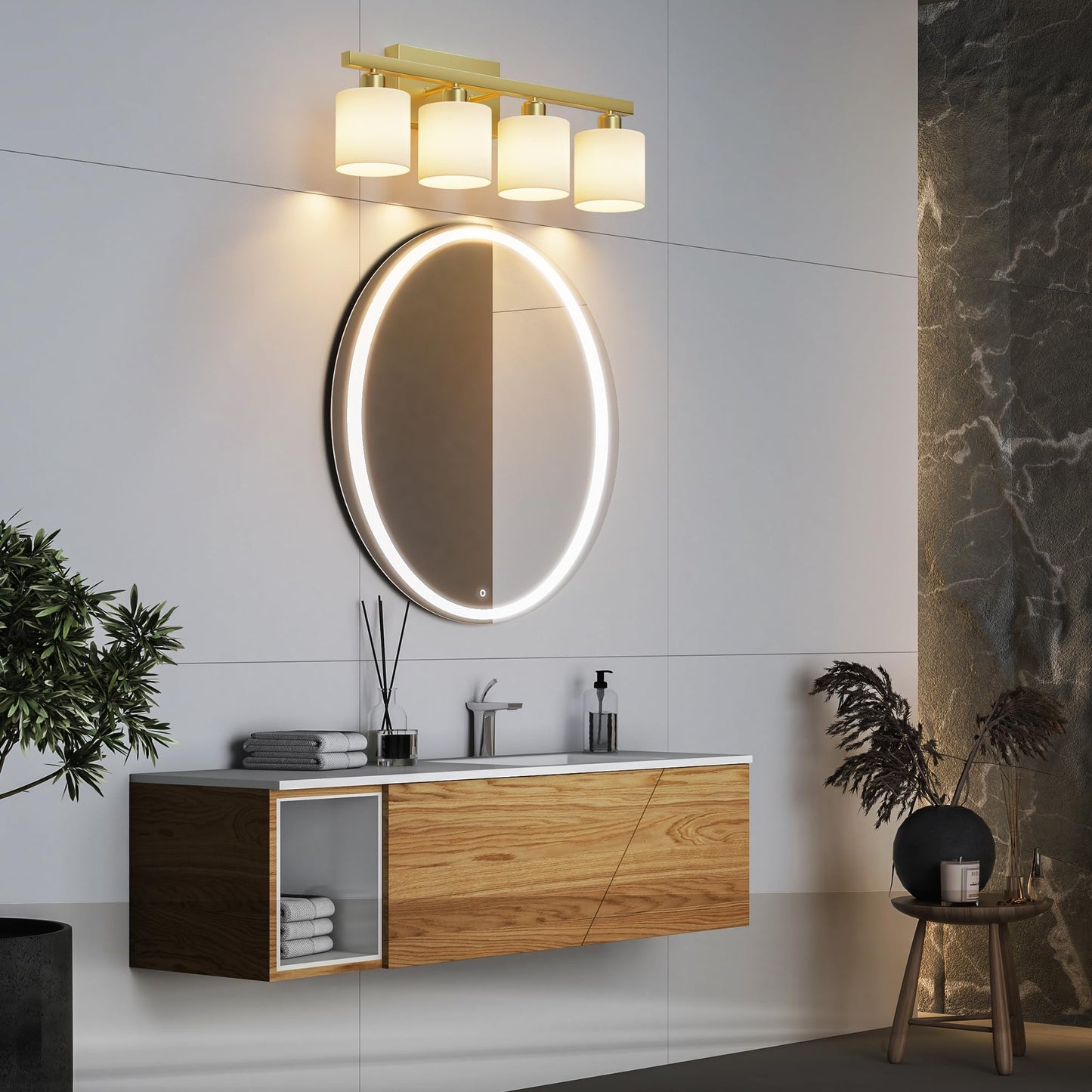 PARTPHONER Bathroom Light Fixtures, Bathroom Lighting Fixtures Over Mirror, Interior Classic Vanity Lights, Modern Bathroom Vanity Light with Textured White Glass Shade, Brushed Nickel, 3-Light