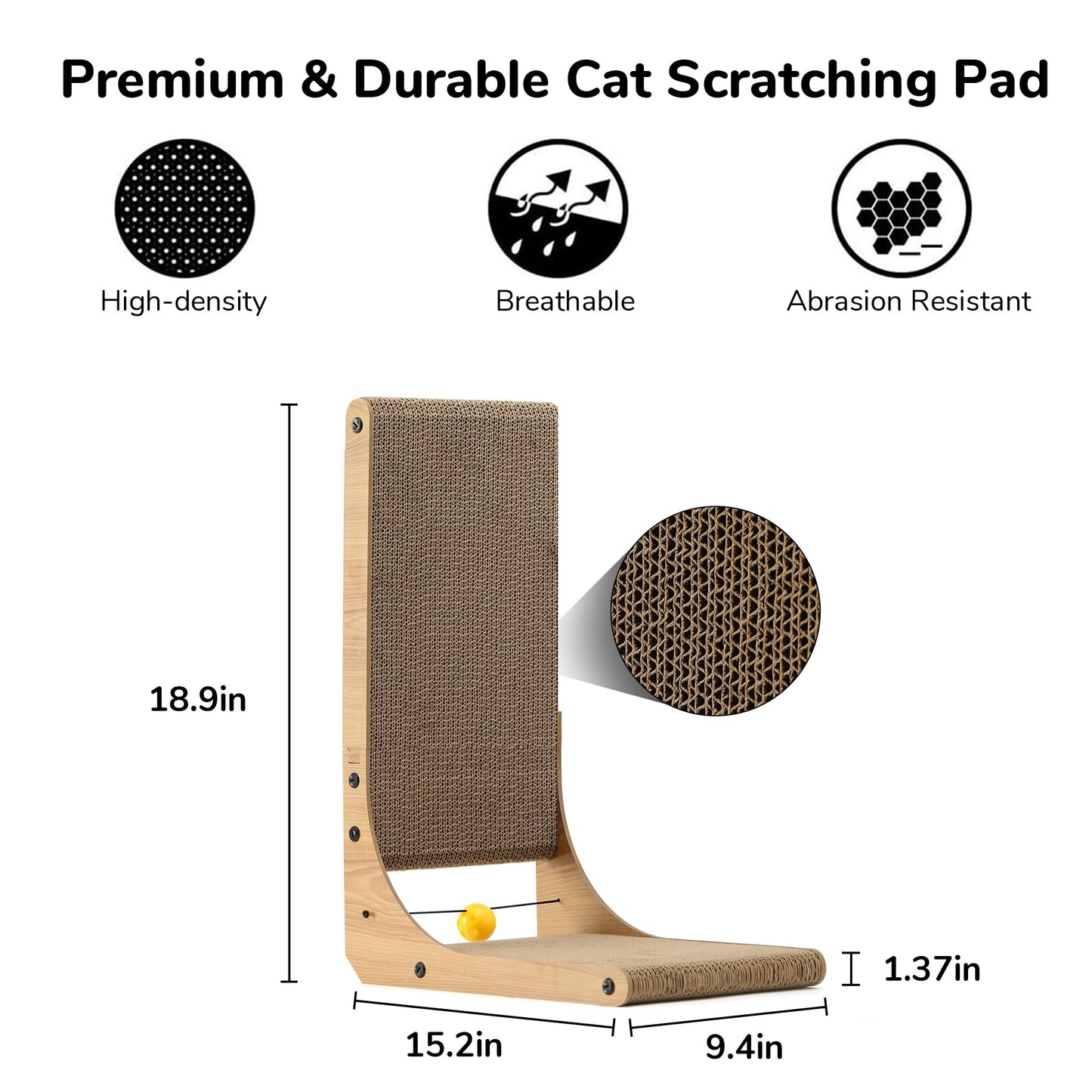 FUKUMARU Cat Scratcher, 26.8 Inch L Shape Cat Scratch Pad Wall Mounted, Cat Scratching Cardboard with Ball Toy for Indoor Cats, Large Size