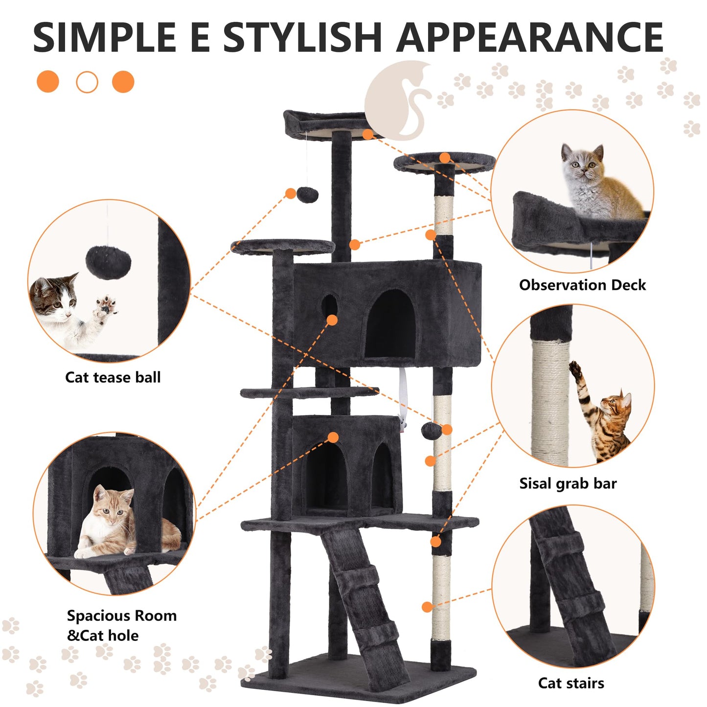 BestPet 54in Cat Tree Tower for Indoor Cats,Multi-Level Furniture Activity Center with Scratching Posts Stand House Condo Funny Toys Kittens Pet Play House,Dark Gray