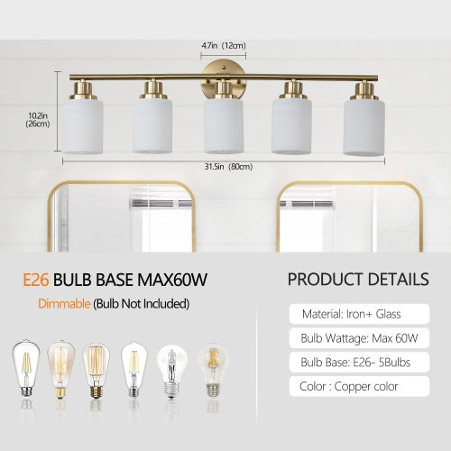 5 Lamps Gold Bathroom Vanity Lamp, Frosted Glass Shade, Modern Wall Mounted Lighting - No Bulbs
