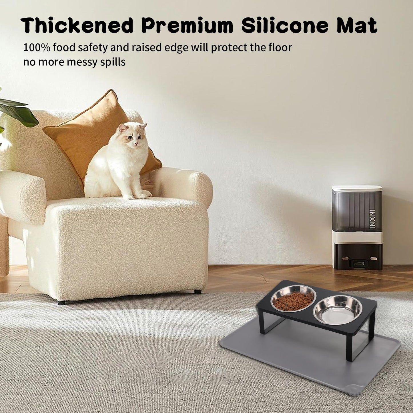 Upgraded Elevated Cat Bowls with Food Mat,15°Tilted Stand Anti Vomiting Raised Cat Dishes for Food and Water,2 Stainless Steel Bowls for Cats and Puppy