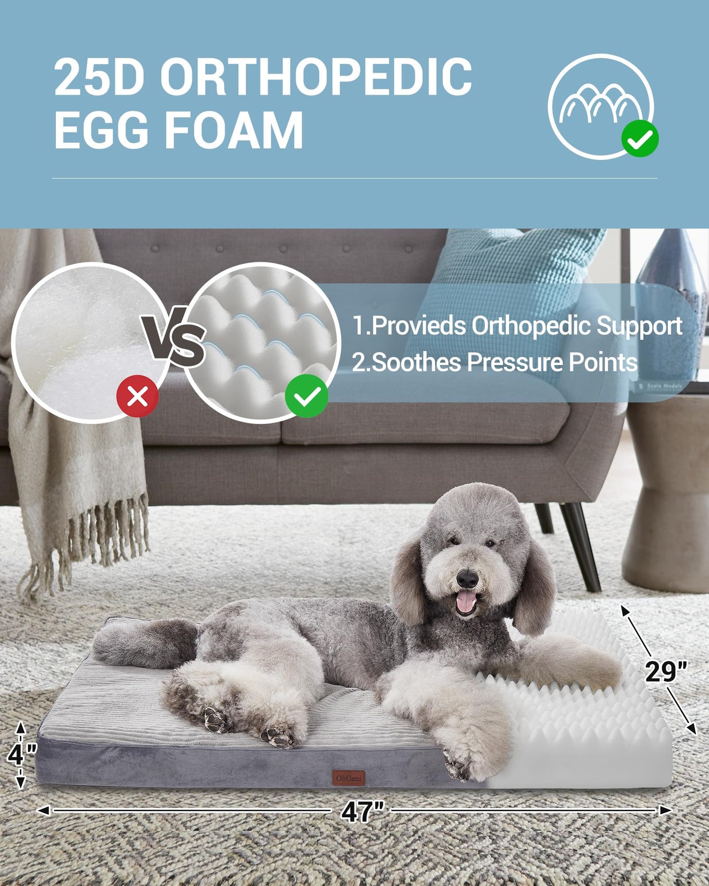 OhGeni 35 Inch Orthopedic Waterproof & Machine Washable Dog Bed for Medium Large Pets, Suitable for Crates, 25D Egg Crate Foam, Non-Slip Bottom & Removable Cover, Invisible Zipper(Gray)
