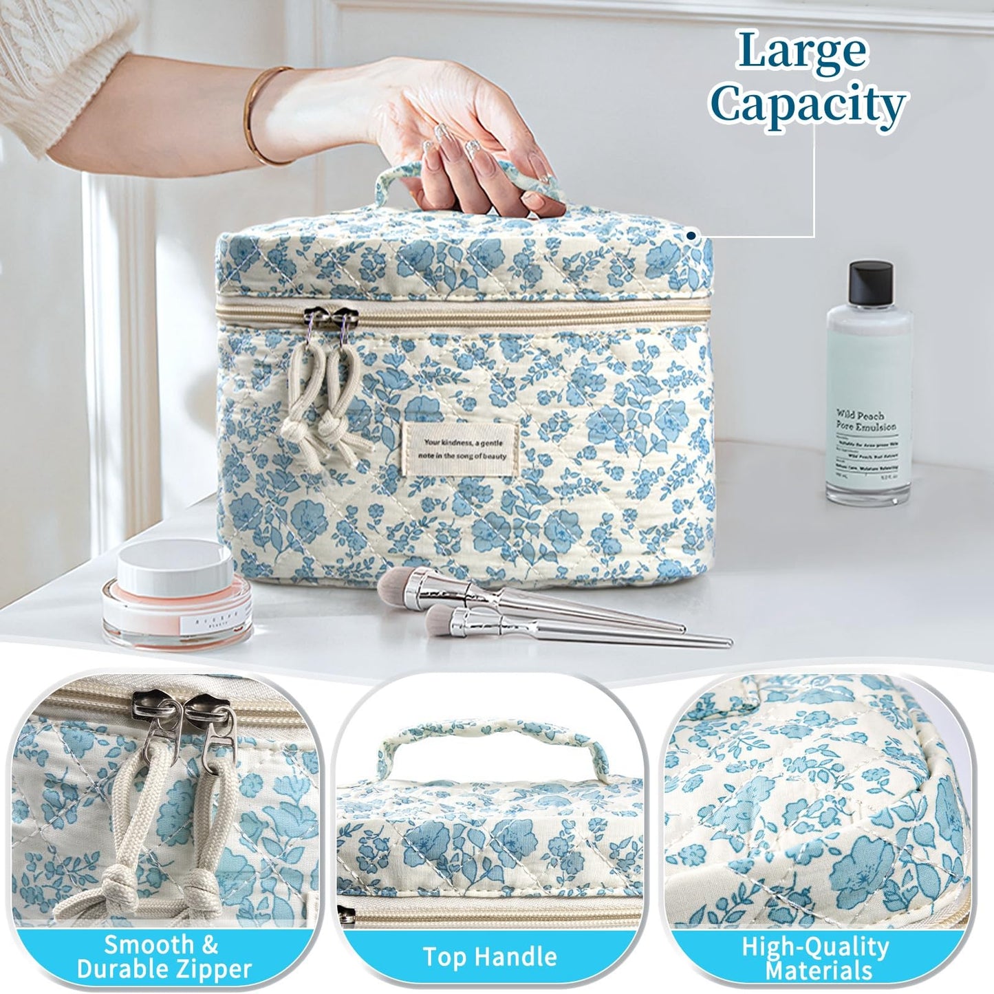 Cute Makeup Bag for Women(2 Pcs), Travel Cosmetic Bags, Quilted Coquette Aesthetic Floral Toiletry Organizer Bag (NavyBlue Flower)