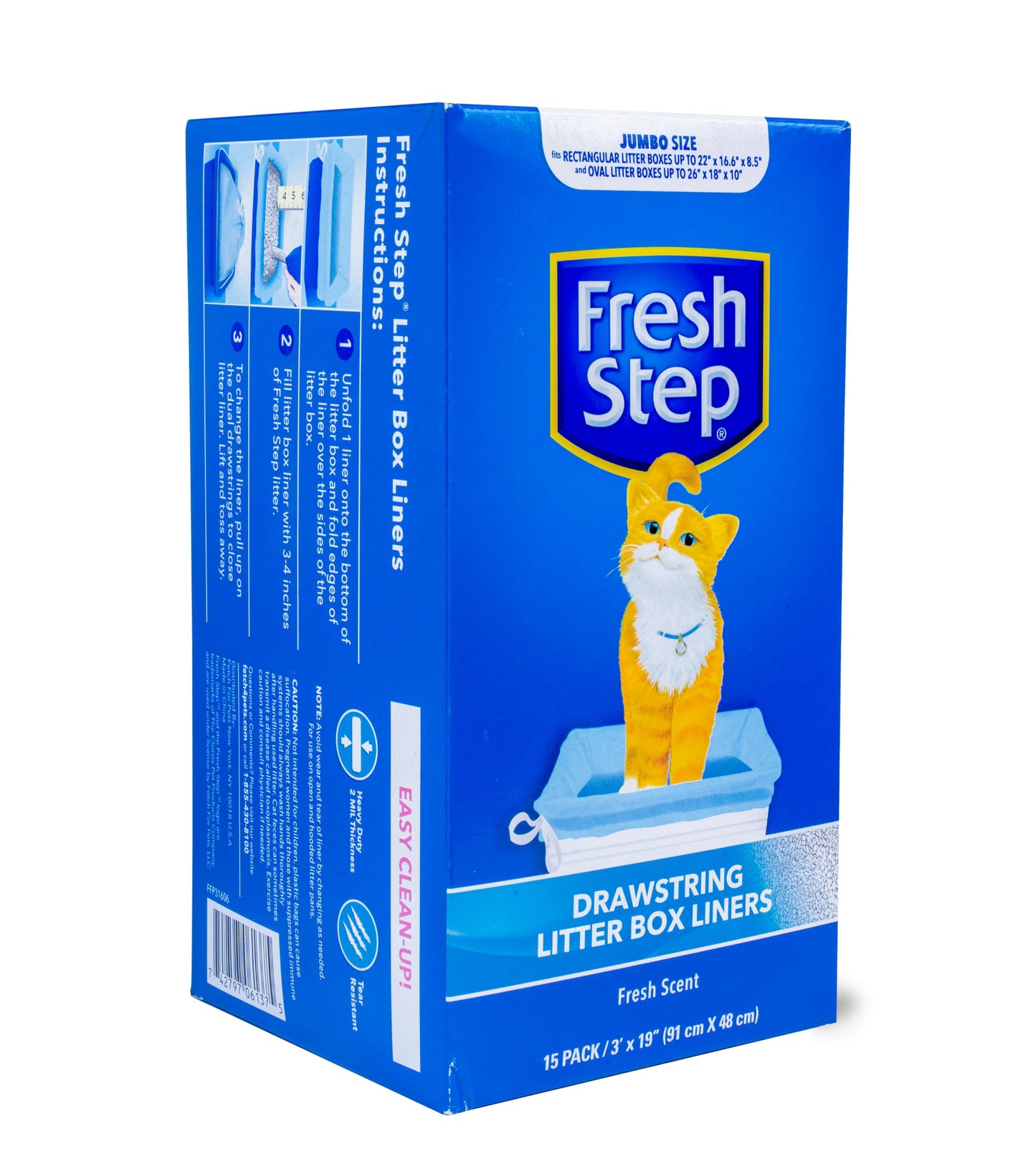 Fresh Step Drawstring Cat Litter Box Liners, Unscented, Size Jumbo, 36" x 19" | Kitty Litter Bags - 15 Count - Cat Litter Liners for Rectangle or Oval Large Litterboxes