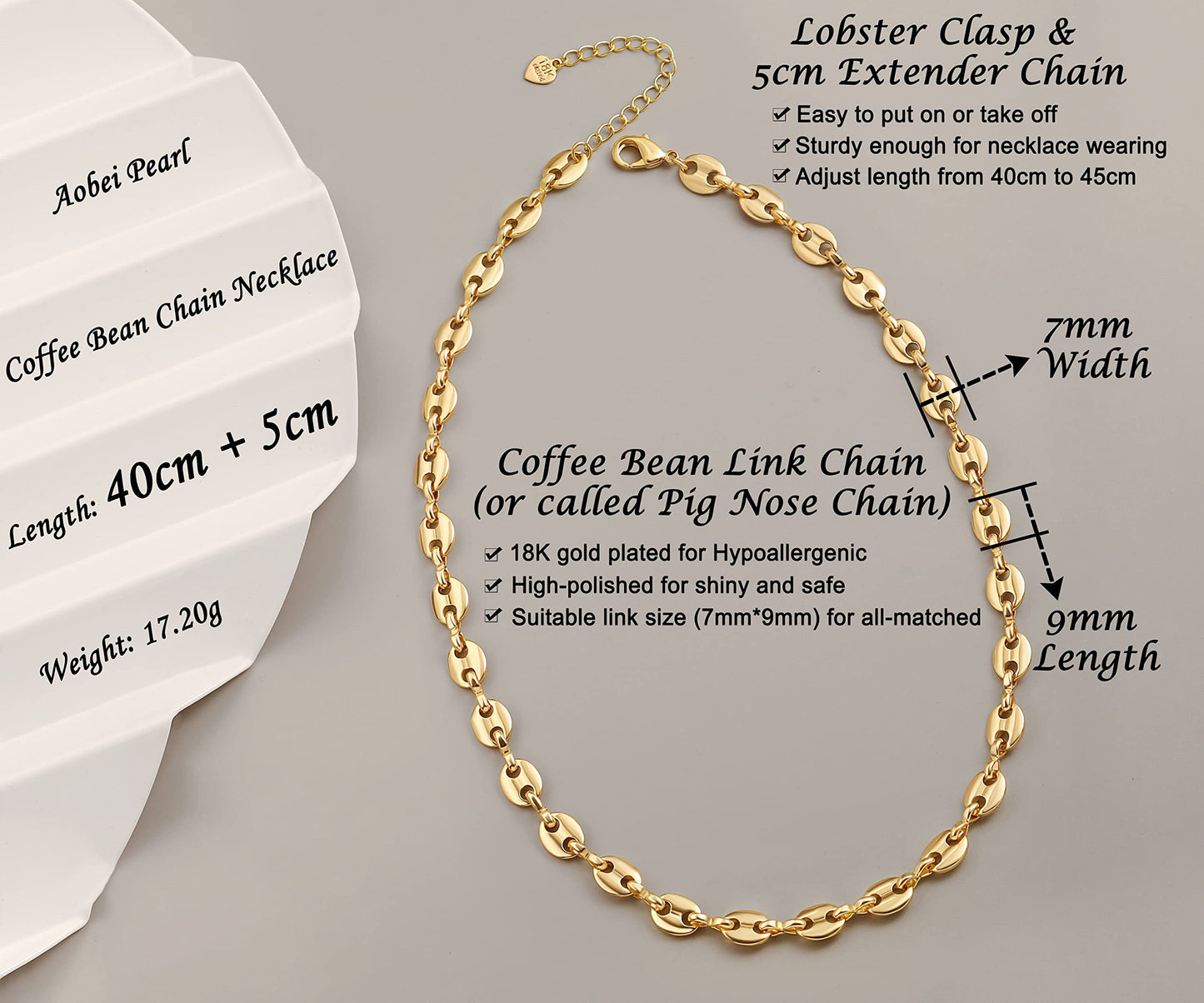 Aobei Pearl 18K Gold Paperclip Chain Choker Satellite Chain Biwa Pearl Pendant Necklace Dainty Jewelry for Women