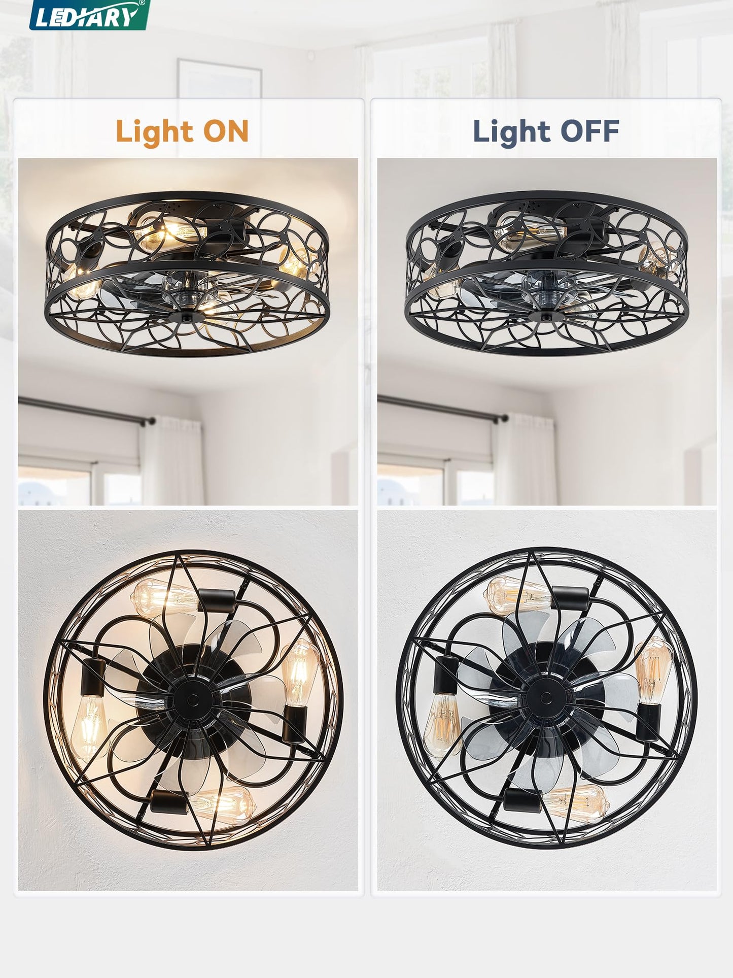LEDIARY Caged Ceiling Fans with Lights, White Flush Mount Ceiling Fan with Remote, Small Low Profile Bladeless Ceiling Fan Light Fixture for Bedroom, Kitchen, Dining Room-White Gold Color