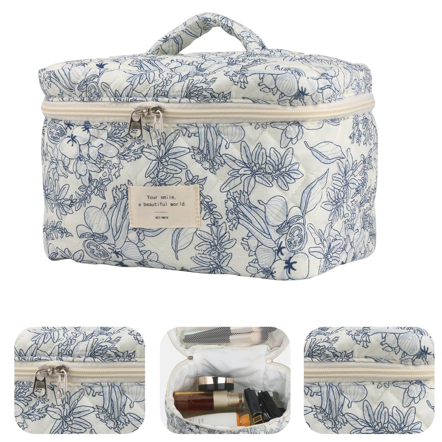 Cute Makeup Bag for Women(2 Pcs), Travel Cosmetic Bags, Quilted Coquette Aesthetic Floral Toiletry Organizer Bag (NavyBlue Flower)