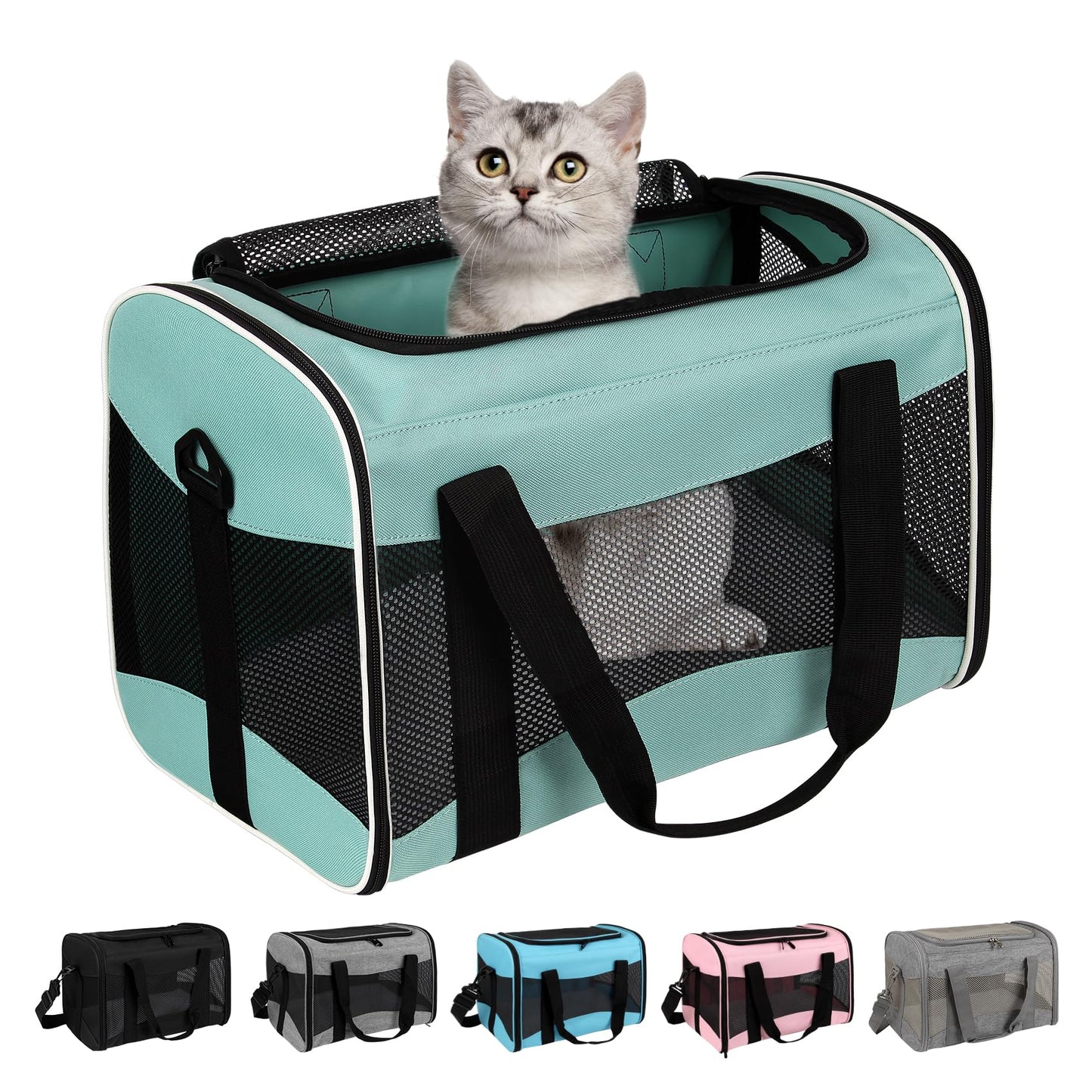 Cat Carrying Case Pet Dog Carrier Soft-Sided Cat Bag Airline Approved, Pet Travel Carrier Up to 15 Lbs, Collapsible Cat Carrier Dog Carrier for Medium Cats Small Cats Dogs(17x11x11 Green)