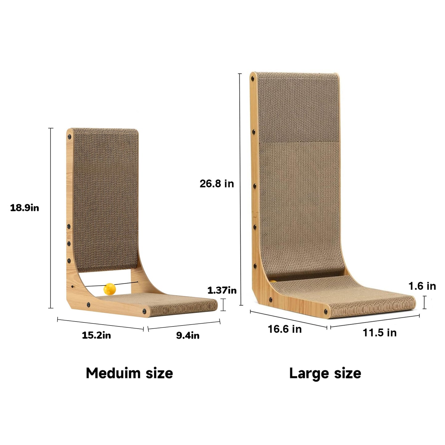 FUKUMARU Cat Scratcher, 26.8 Inch L Shape Cat Scratch Pad Wall Mounted, Cat Scratching Cardboard with Ball Toy for Indoor Cats, Large Size