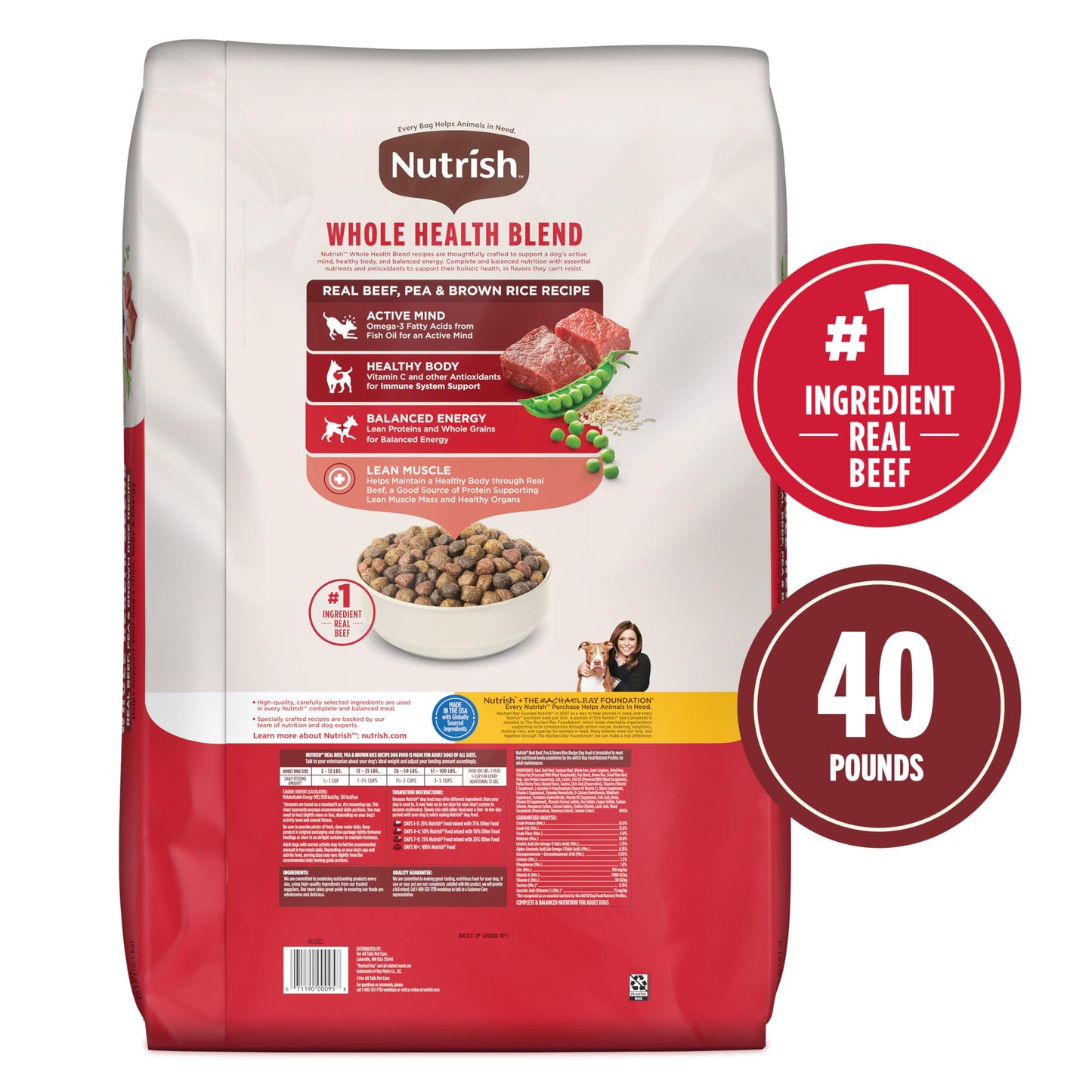 Nutrish Real Beef, Pea & Brown Rice Recipe Whole Health Blend Dry Dog Food, 40 lb. Bag, Packaging May Vary (Rachael Ray)