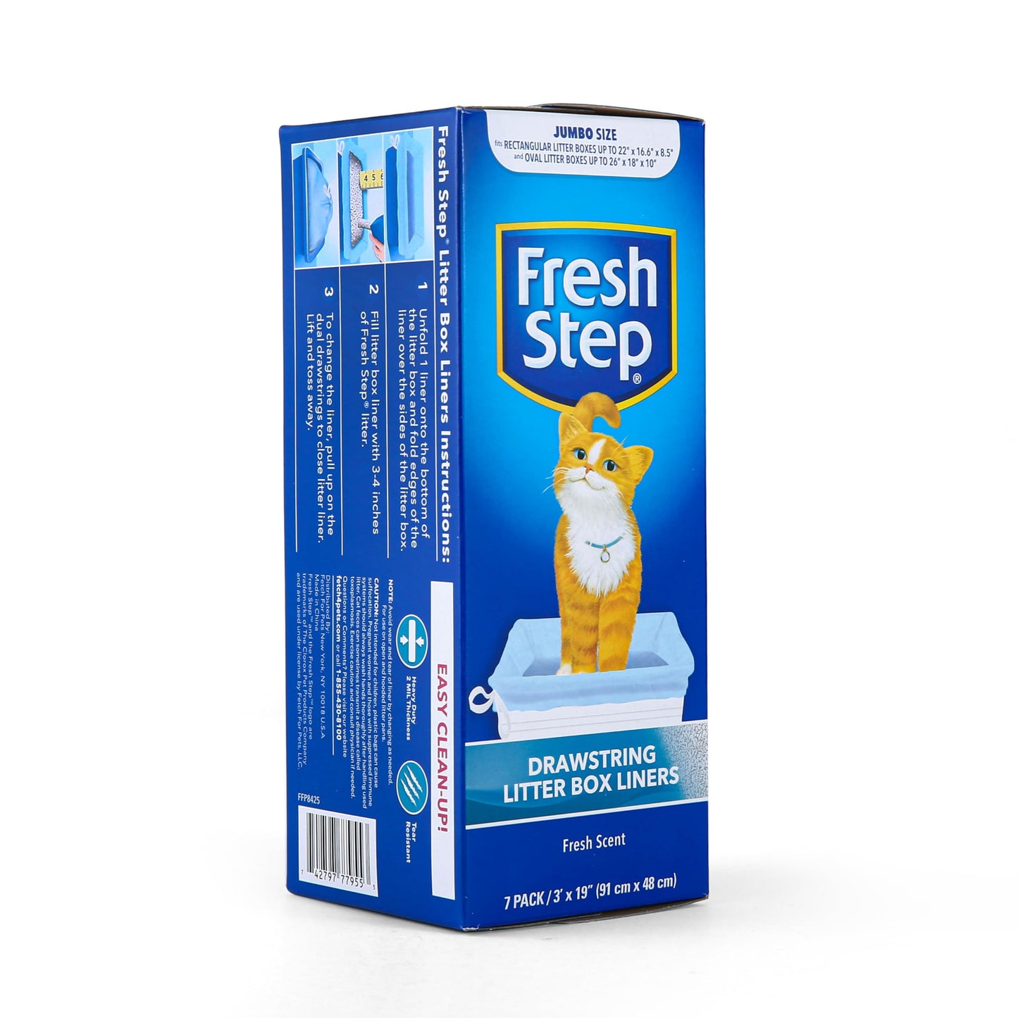 Fresh Step Drawstring Cat Litter Box Liners, Unscented, Size Jumbo, 36" x 19" | Kitty Litter Bags - 15 Count - Cat Litter Liners for Rectangle or Oval Large Litterboxes