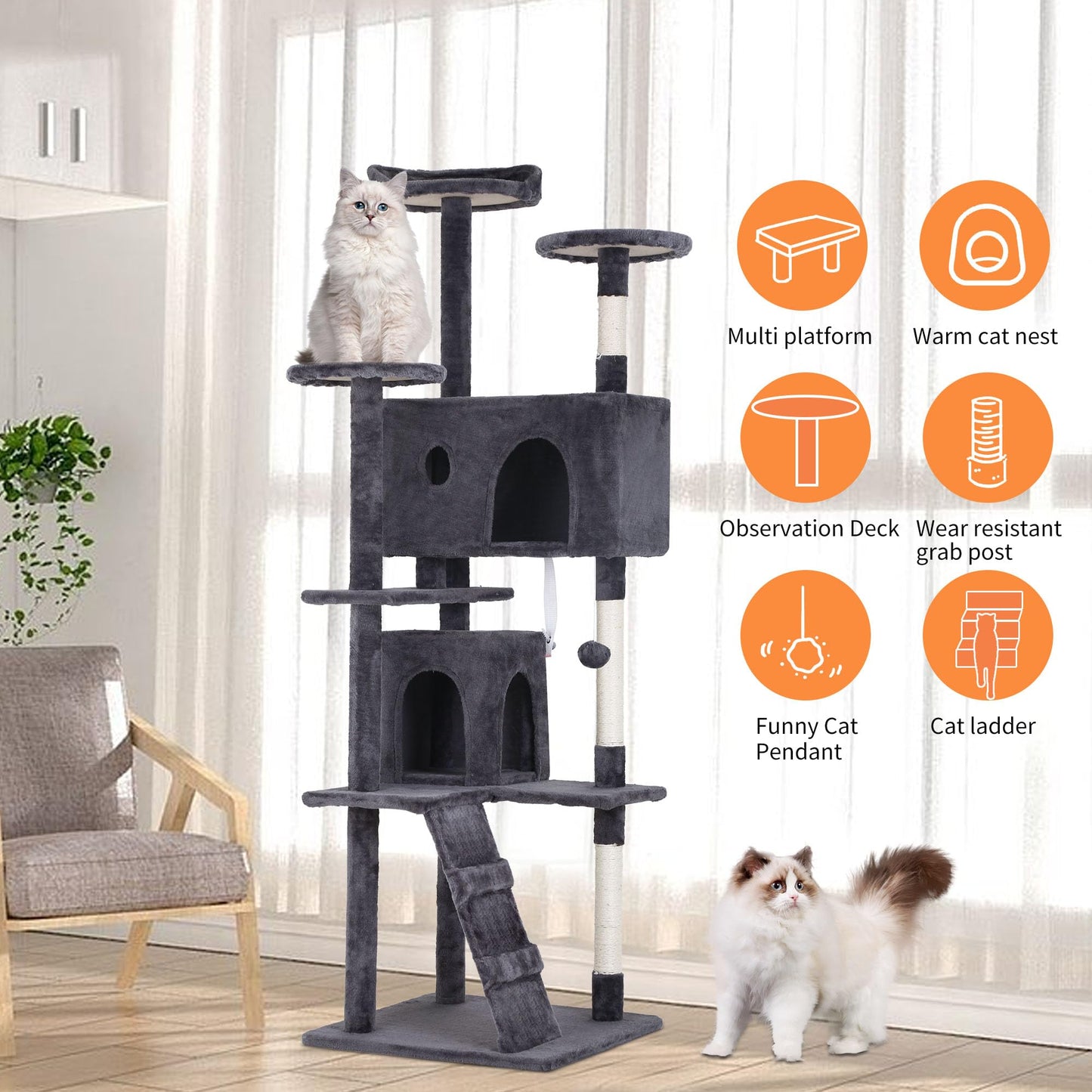 BestPet 54in Cat Tree Tower for Indoor Cats,Multi-Level Furniture Activity Center with Scratching Posts Stand House Condo Funny Toys Kittens Pet Play House,Dark Gray