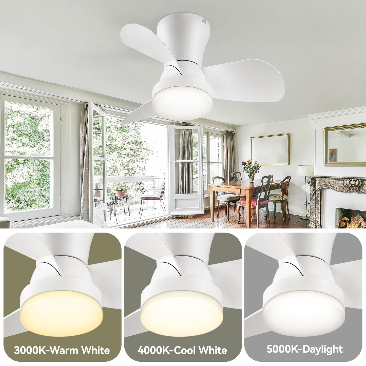 SUNMORY Ceiling Fans with Lights and Remote, 30 inch Low Profile Ceiling Fan with Light, Modern Flush Mount Ceiling Fan for Bedroom/Kitchen/Dining Room/Patio, 6 Wind Speeds, Dimmable, White