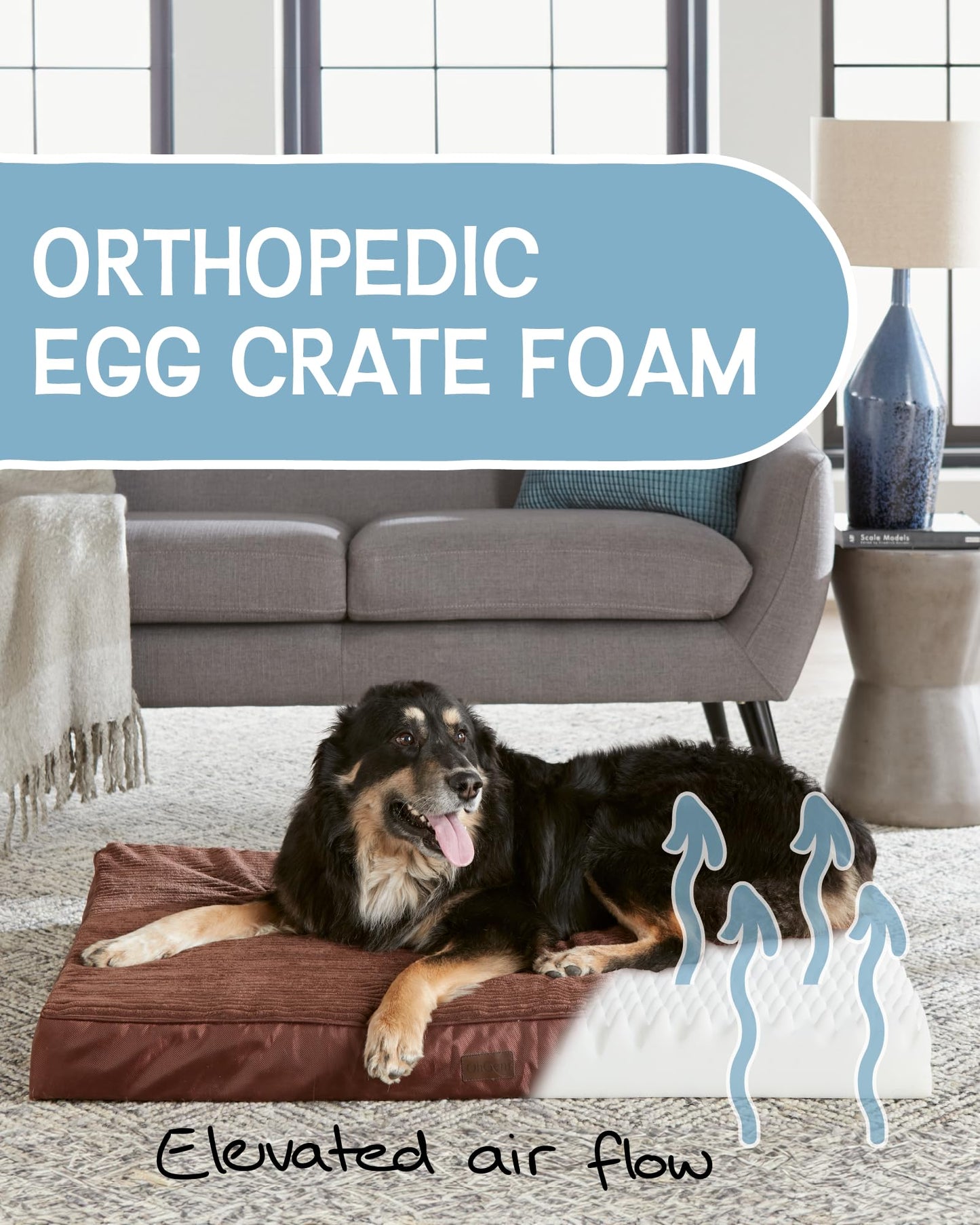 OhGeni 35 Inch Orthopedic Waterproof & Machine Washable Dog Bed for Medium Large Pets, 20D Egg Crate Foam Stable Support, Non-Slip Bottom and Removable Cover, Tear-Resistant Invisible Zipper(Gray)