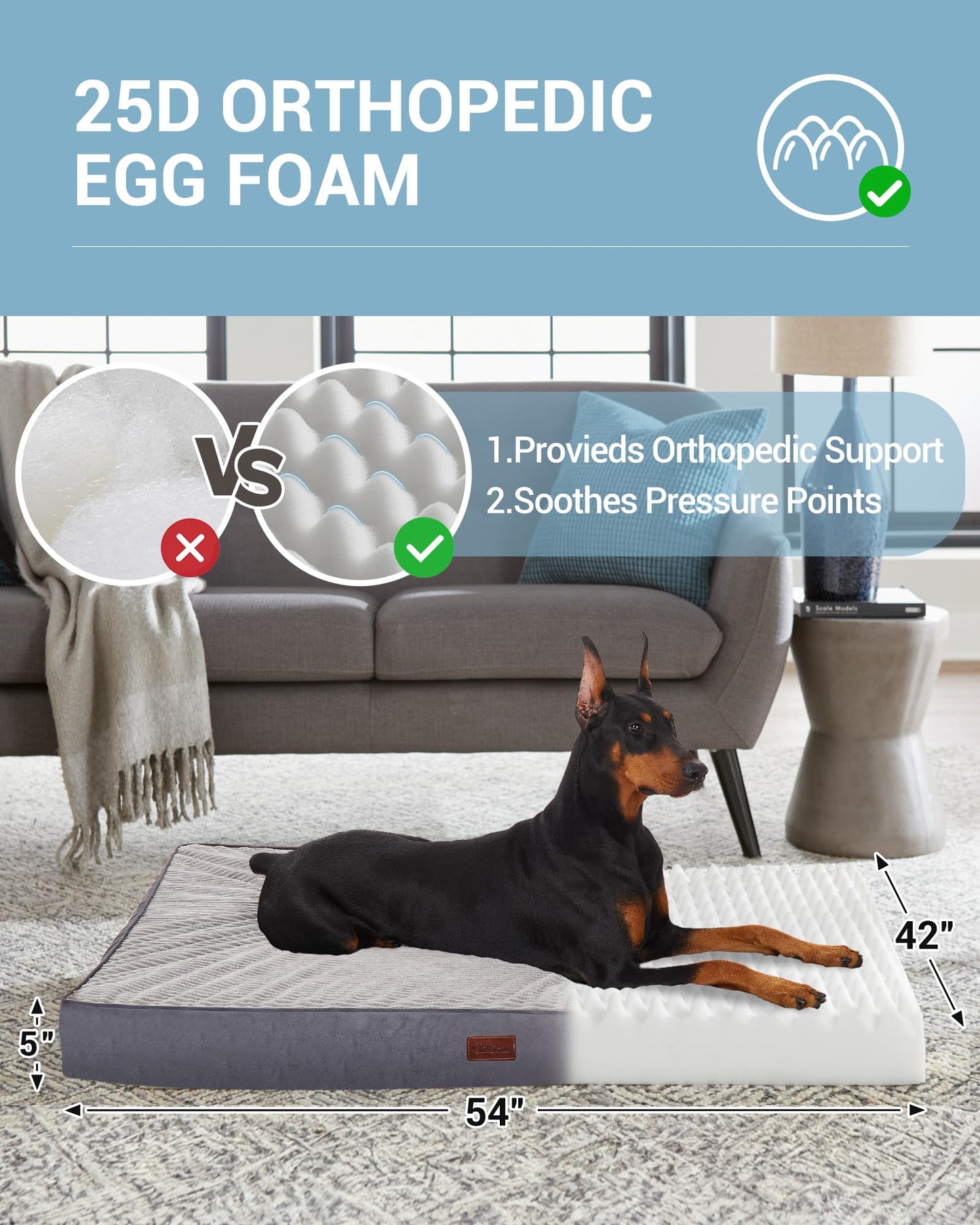 OhGeni 35 Inch Orthopedic Waterproof & Machine Washable Dog Bed for Medium Large Pets, Suitable for Crates, 25D Egg Crate Foam, Non-Slip Bottom & Removable Cover, Invisible Zipper(Gray)