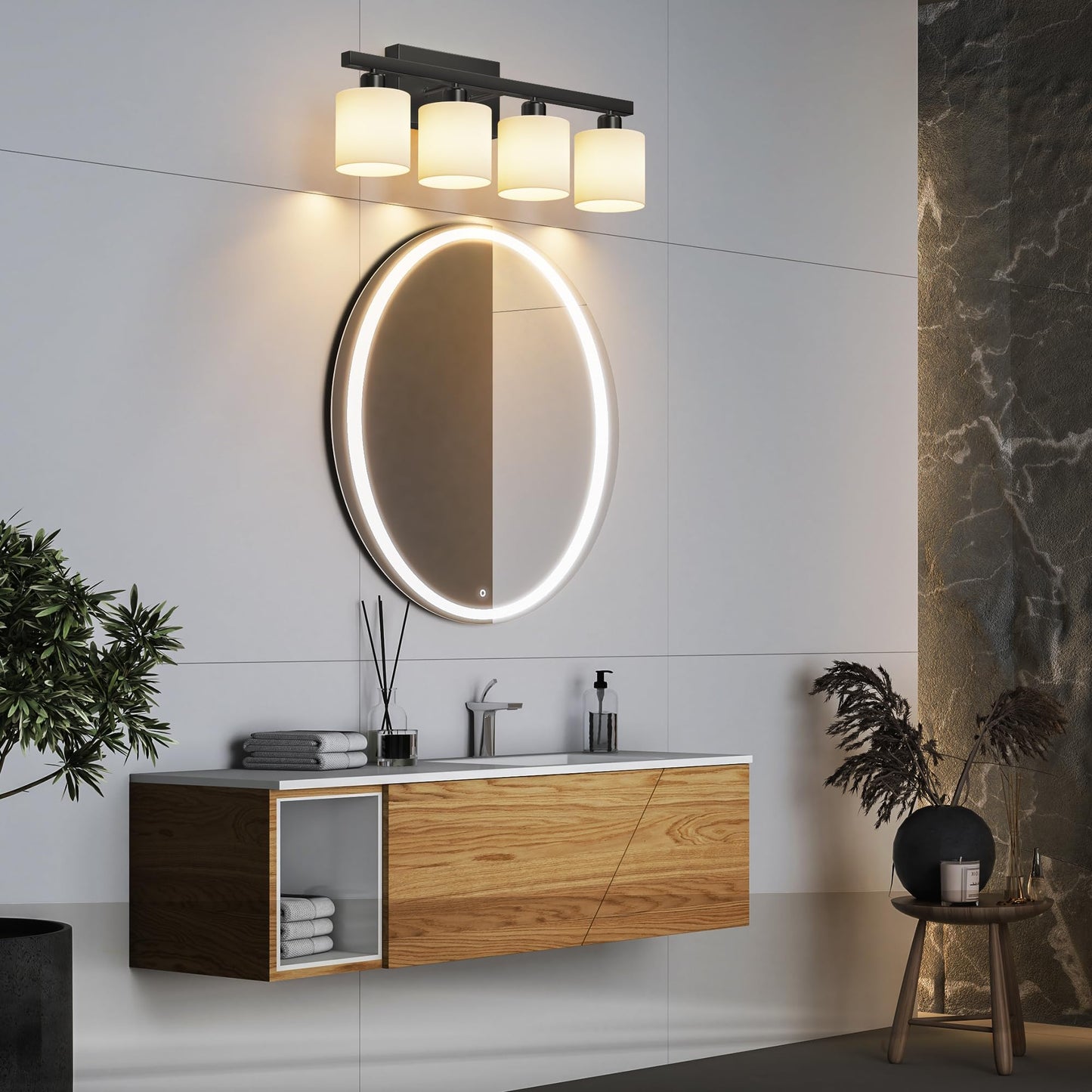 PARTPHONER Bathroom Light Fixtures, Bathroom Lighting Fixtures Over Mirror, Interior Classic Vanity Lights, Modern Bathroom Vanity Light with Textured White Glass Shade, Brushed Nickel, 3-Light