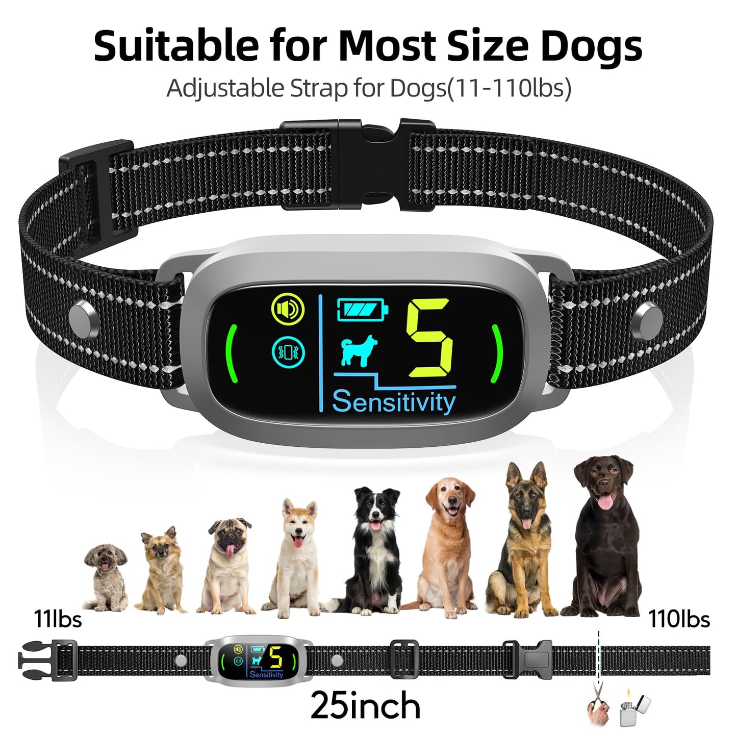 Dog Bark Collar for Large Medium Small Dogs, Rechargeable Smart Bark Collar, Anti Barking Training Collar with 5 Adjustable Sensitivity Beep Vibration (Black)