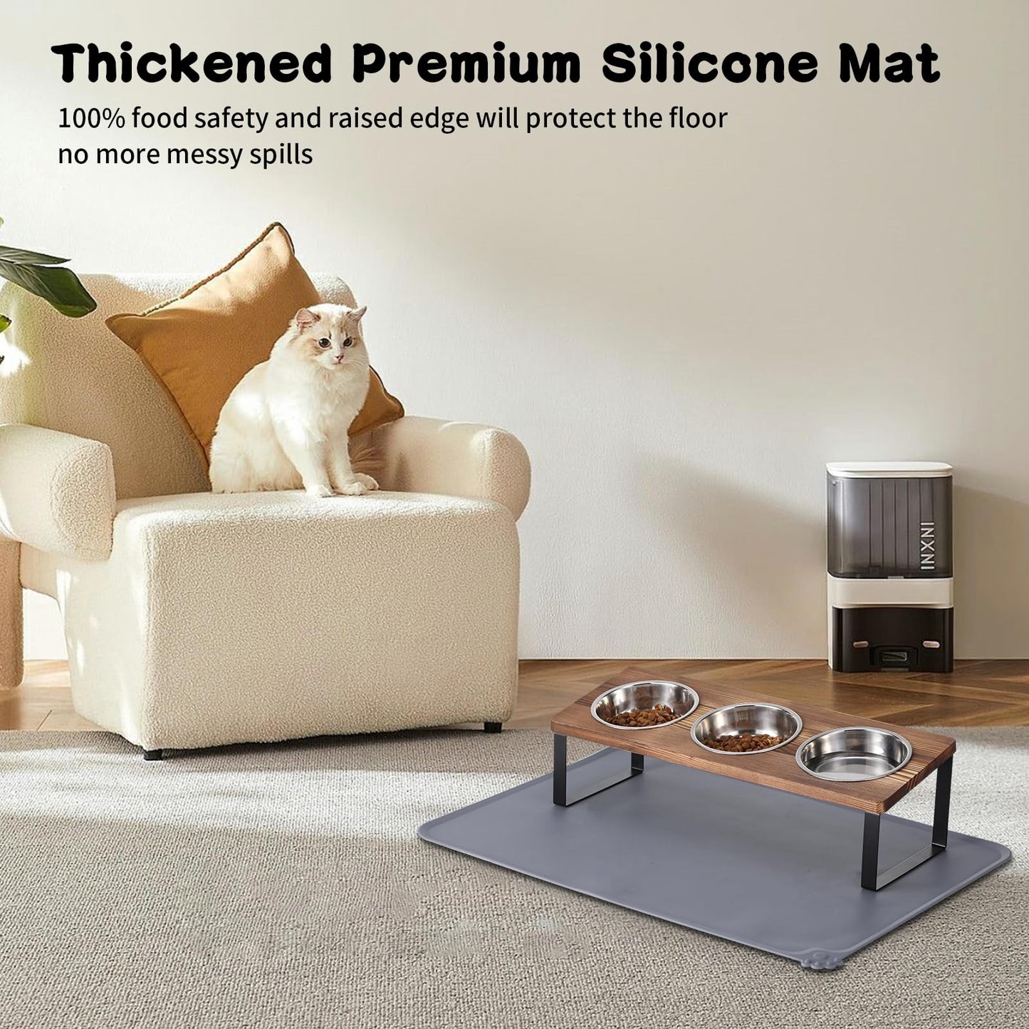 Upgraded Elevated Cat Bowls with Food Mat,15°Tilted Stand Anti Vomiting Raised Cat Dishes for Food and Water,2 Stainless Steel Bowls for Cats and Puppy