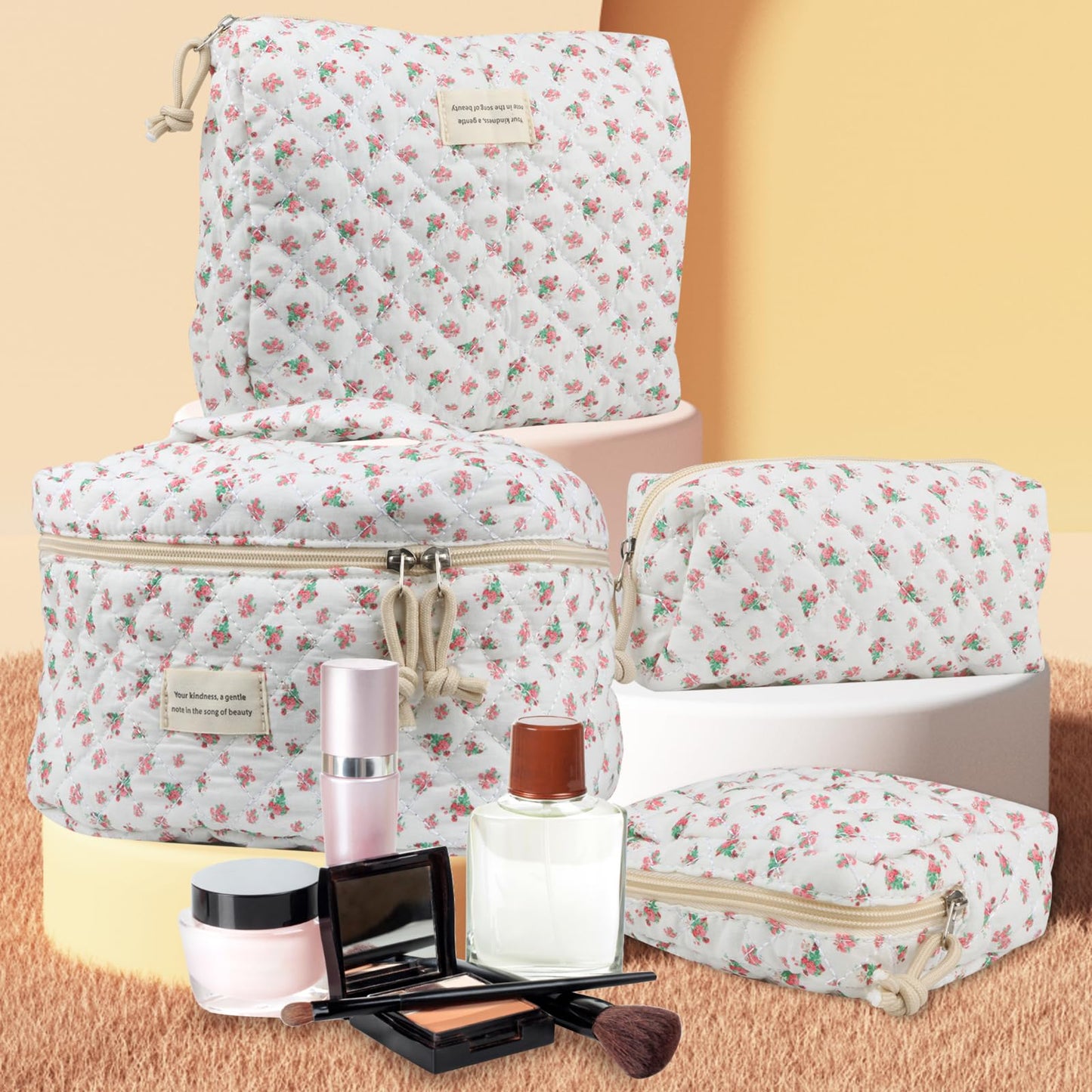 Cute Makeup Bag for Women(2 Pcs), Travel Cosmetic Bags, Quilted Coquette Aesthetic Floral Toiletry Organizer Bag (NavyBlue Flower)