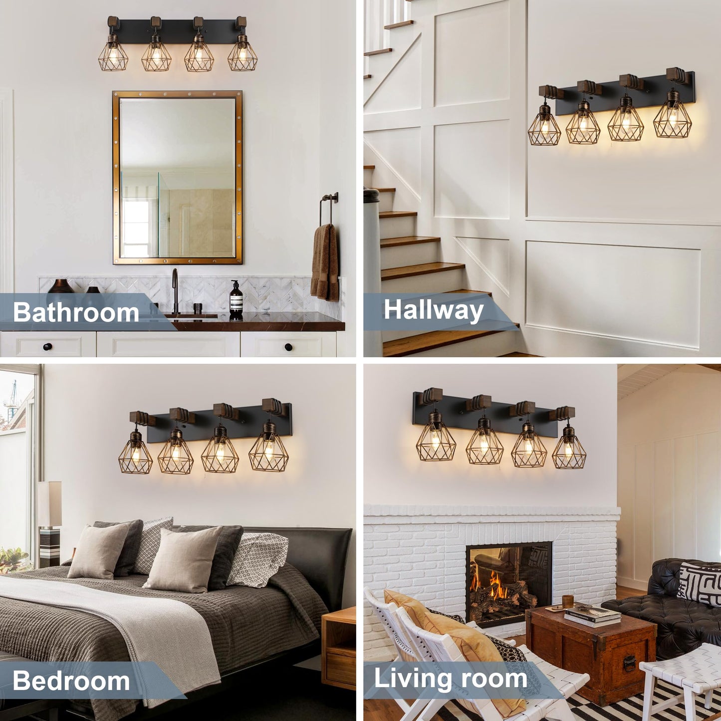 Farmhouse Vanity Light for Bathroom, 3-Light Wood Bathroom Vanity Light Fixtures Over Mirror, Rustic Sconces Wall Lighting with Metal Lampshade for Living Room, Bedroom, Hallway