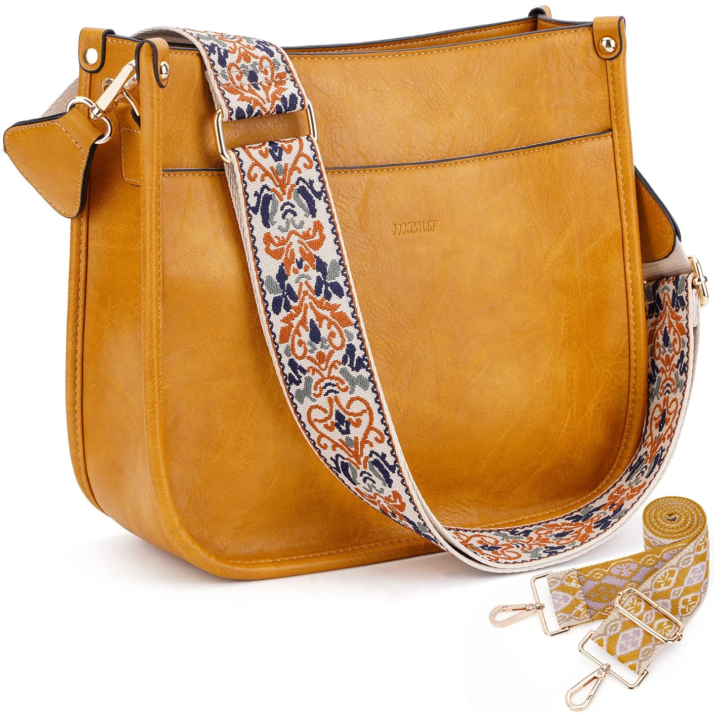 HKCLUF Crossbody Bags for Women Trendy Vegan Leather Hobo Handbags With 2PCS Adjustable Guitar Strap Shoulder Bucket Bags