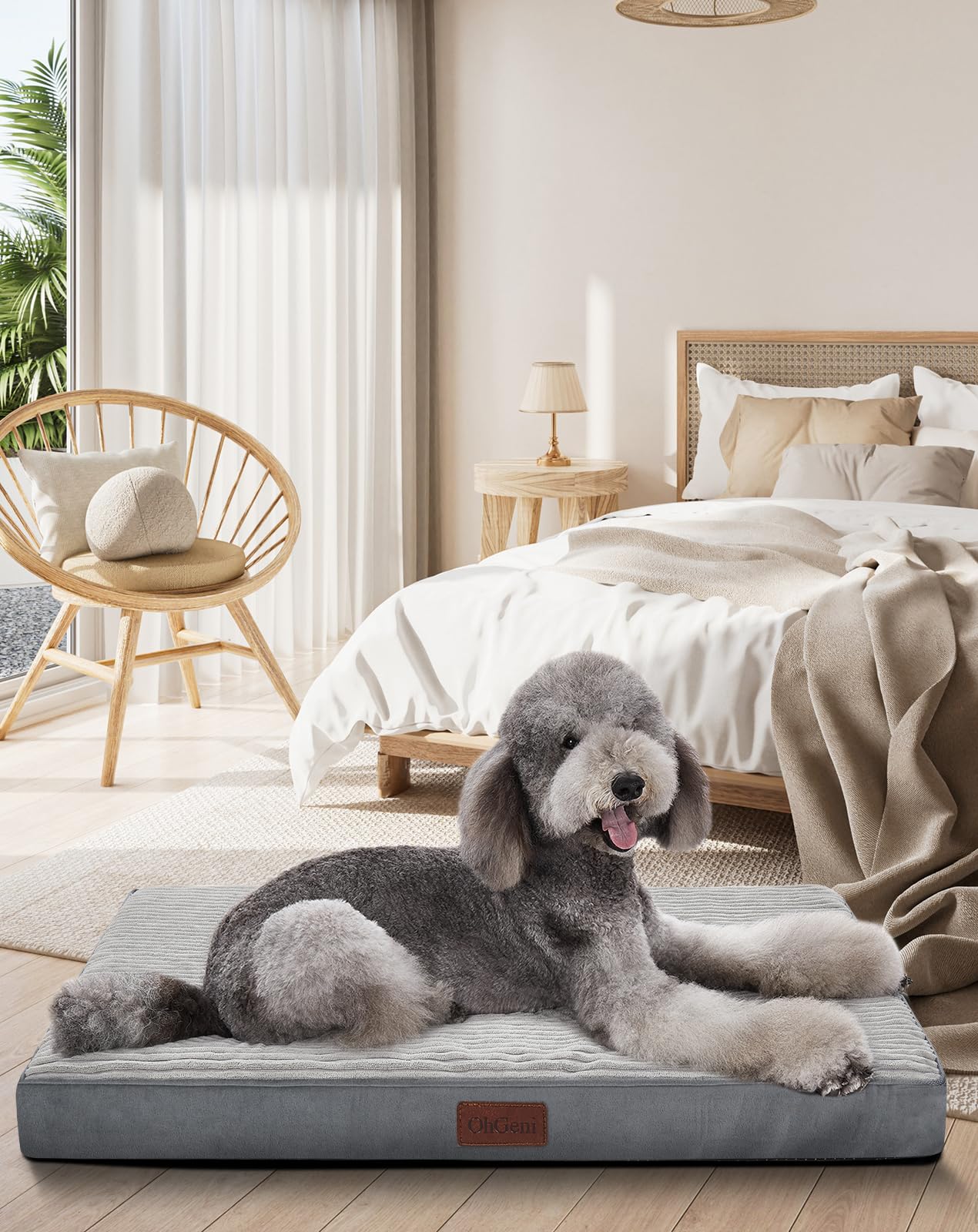 OhGeni 35 Inch Orthopedic Waterproof & Machine Washable Dog Bed for Medium Large Pets, Suitable for Crates, 25D Egg Crate Foam, Non-Slip Bottom & Removable Cover, Invisible Zipper(Gray)