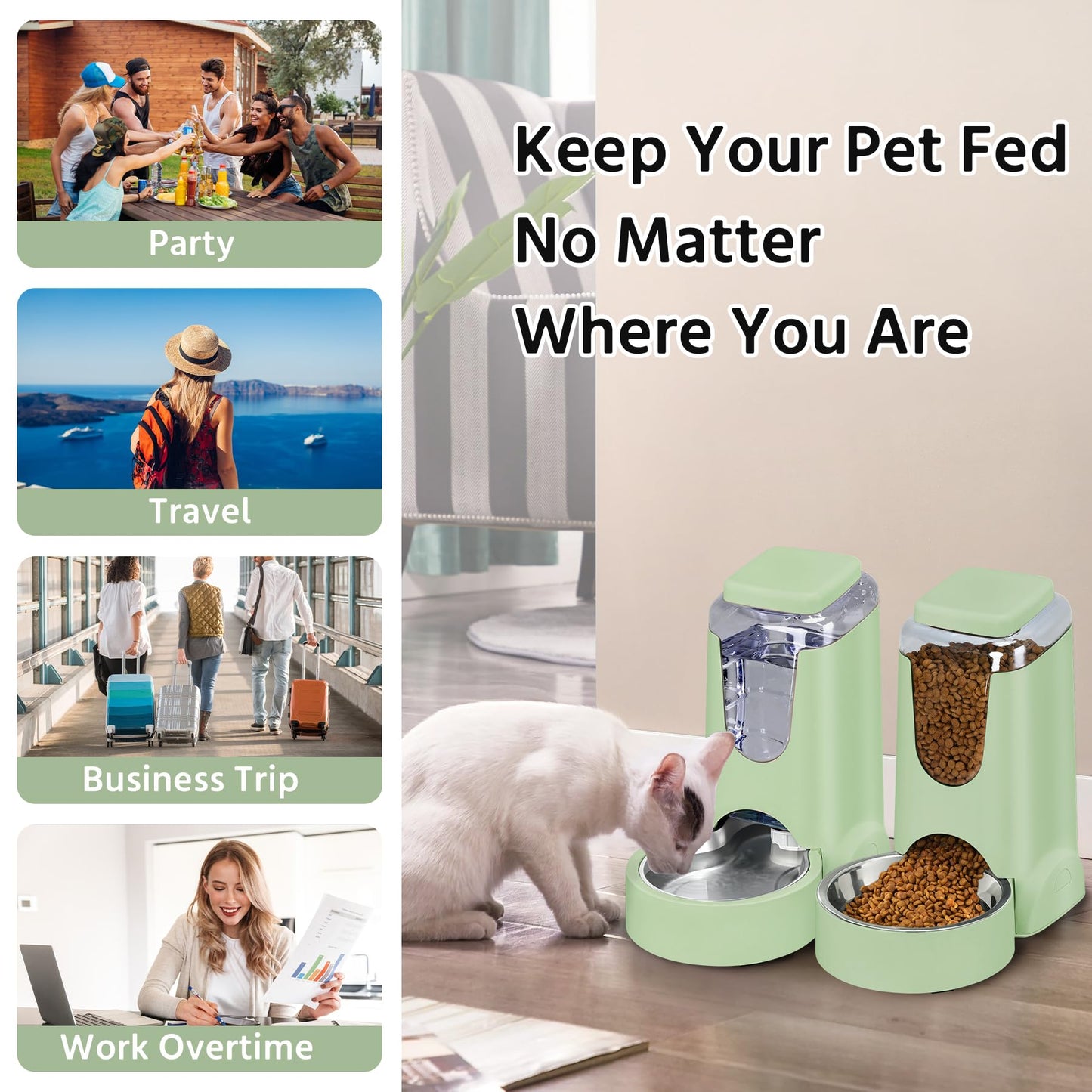 2 Pack Automatic Cat Feeder and Stainless Steel Water Dispenser, Gravity Dog Waterer Set Food Feeder and Waterer Set for Small Medium Kitten Puppy Pets(1 Gallon x 2, Charcoal Gray)