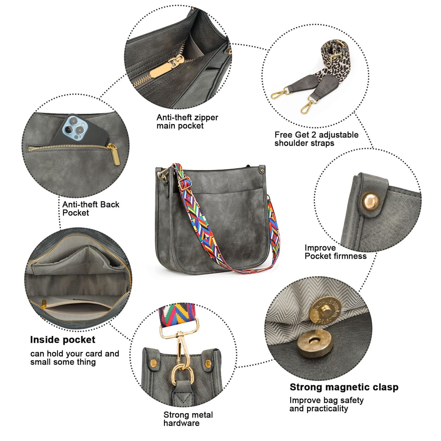 HKCLUF Crossbody Bags for Women Trendy Vegan Leather Hobo Handbags With 2PCS Adjustable Guitar Strap Shoulder Bucket Bags