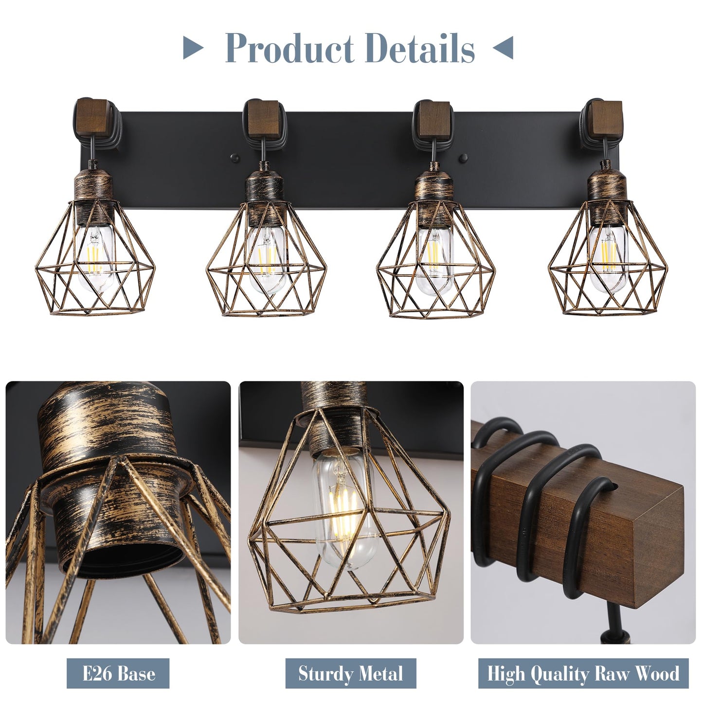 Farmhouse Vanity Light for Bathroom, 3-Light Wood Bathroom Vanity Light Fixtures Over Mirror, Rustic Sconces Wall Lighting with Metal Lampshade for Living Room, Bedroom, Hallway