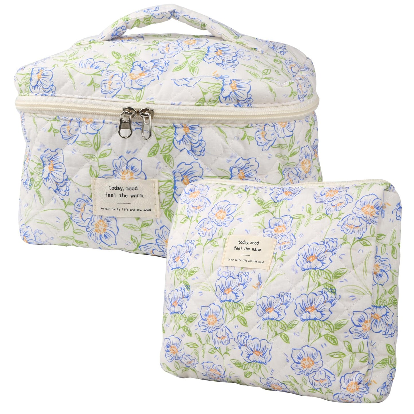 Cute Makeup Bag for Women(2 Pcs), Travel Cosmetic Bags, Quilted Coquette Aesthetic Floral Toiletry Organizer Bag (NavyBlue Flower)