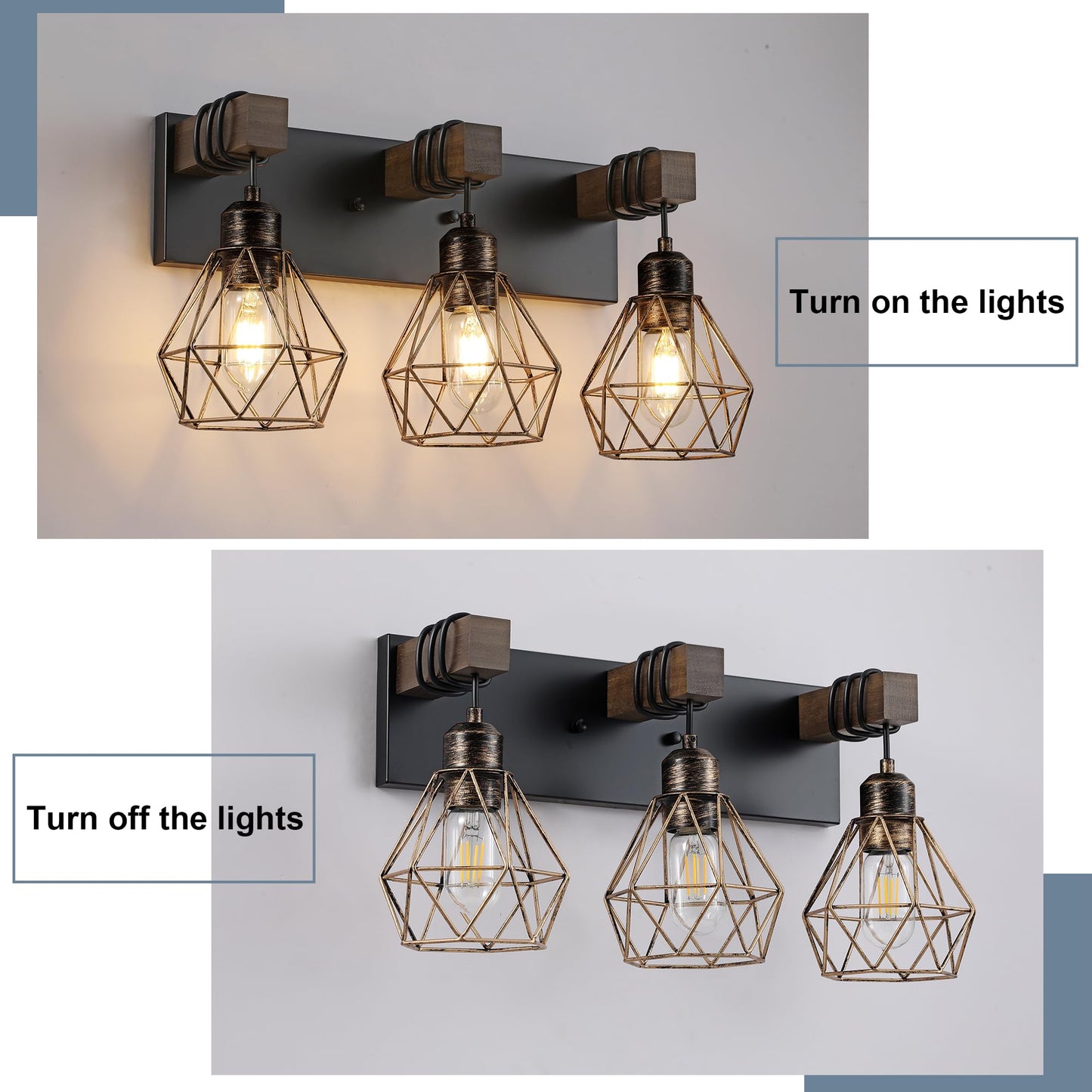 Farmhouse Vanity Light for Bathroom, 3-Light Wood Bathroom Vanity Light Fixtures Over Mirror, Rustic Sconces Wall Lighting with Metal Lampshade for Living Room, Bedroom, Hallway