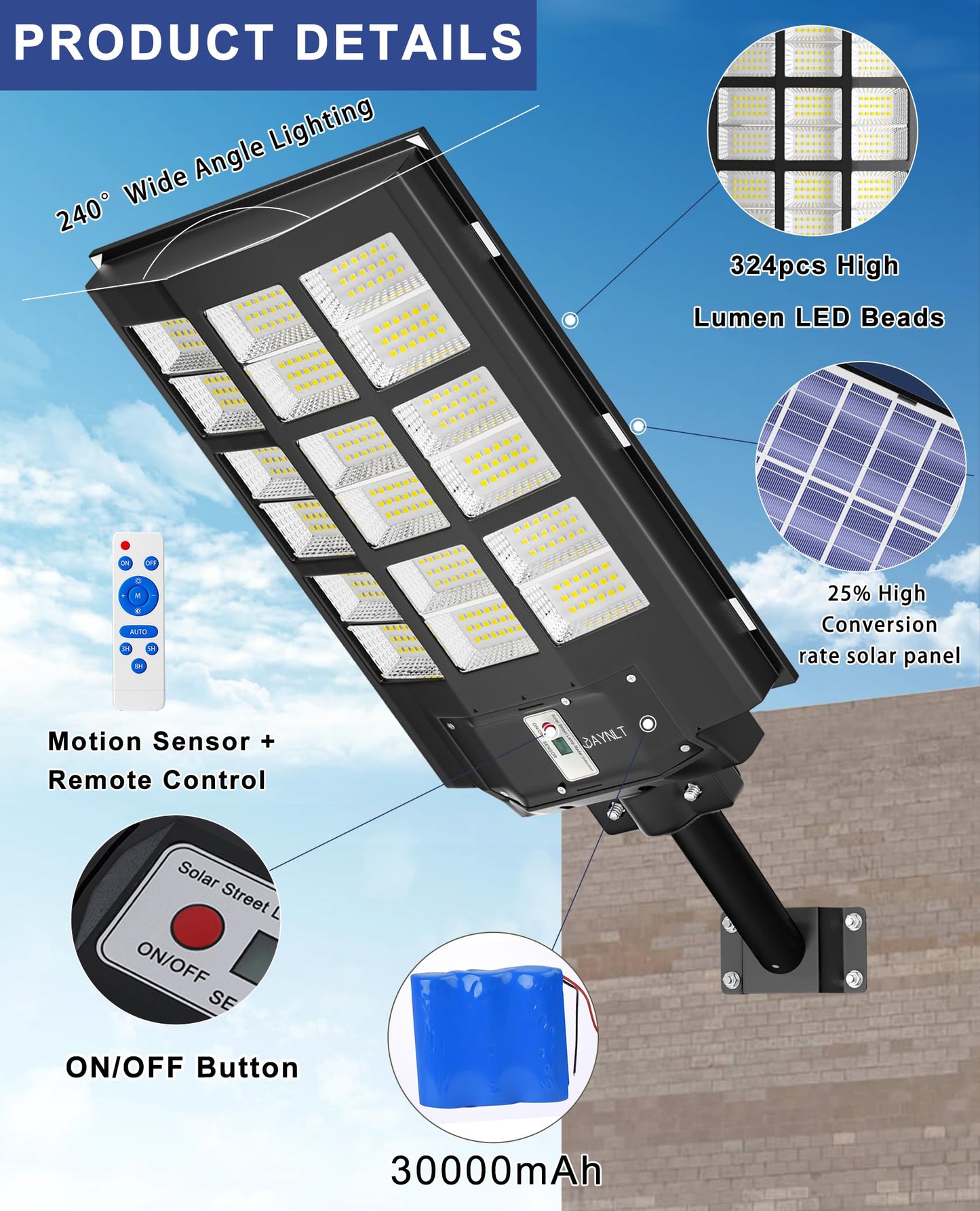 JAYNLT Y-7200W Solar Street Lights Outdoor,680000LM 6500K High Lumen Solar Parking Lot Lights Commercial, Dusk to Dawn Solar Security Flood Lights with Motion Sensor for Parking Lot,Garage,Stadium