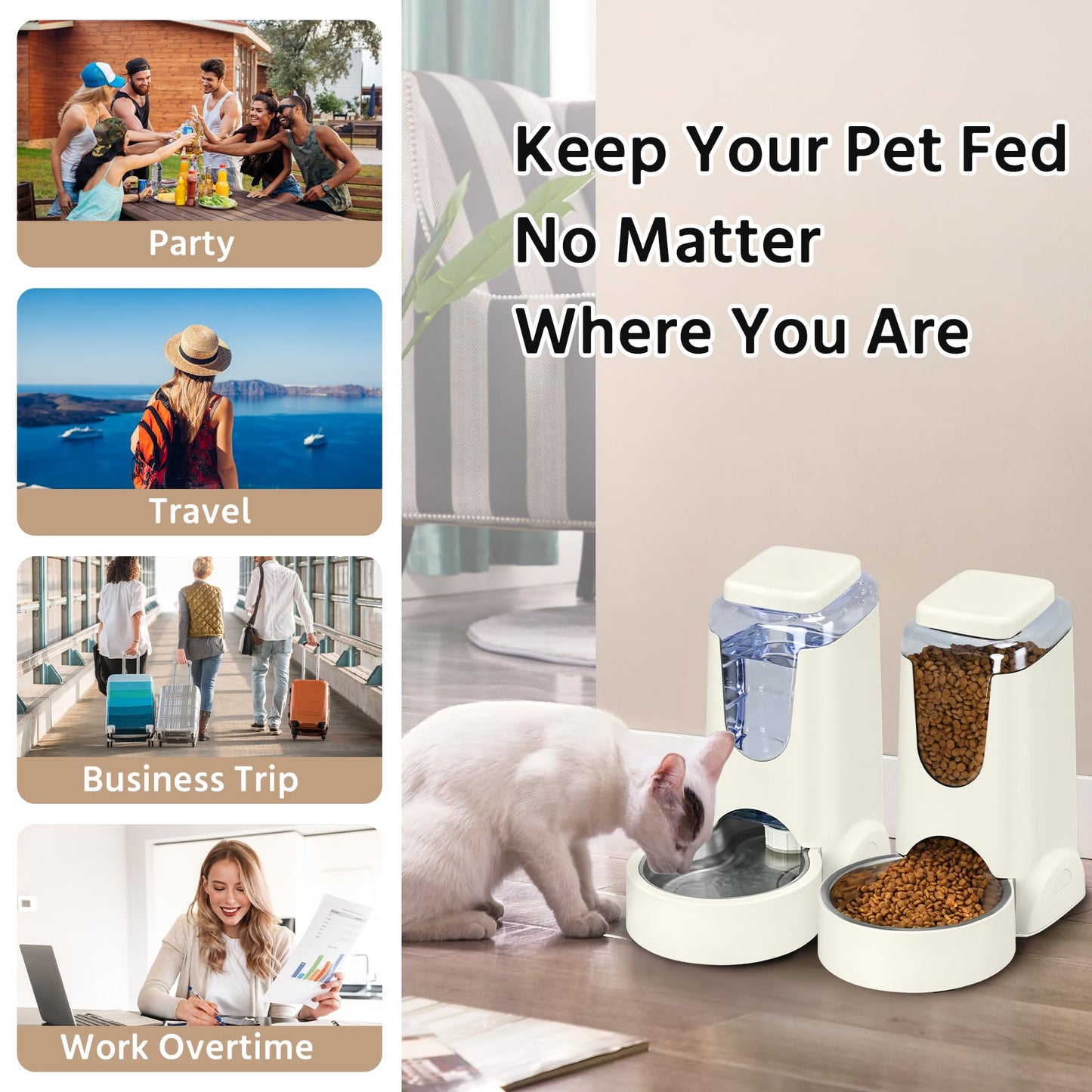 2 Pack Automatic Cat Feeder and Stainless Steel Water Dispenser, Gravity Dog Waterer Set Food Feeder and Waterer Set for Small Medium Kitten Puppy Pets(1 Gallon x 2, Charcoal Gray)