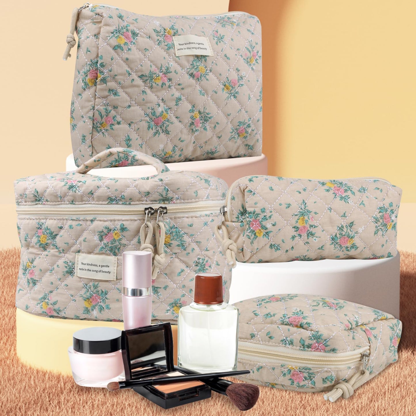 Cute Makeup Bag for Women(2 Pcs), Travel Cosmetic Bags, Quilted Coquette Aesthetic Floral Toiletry Organizer Bag (NavyBlue Flower)