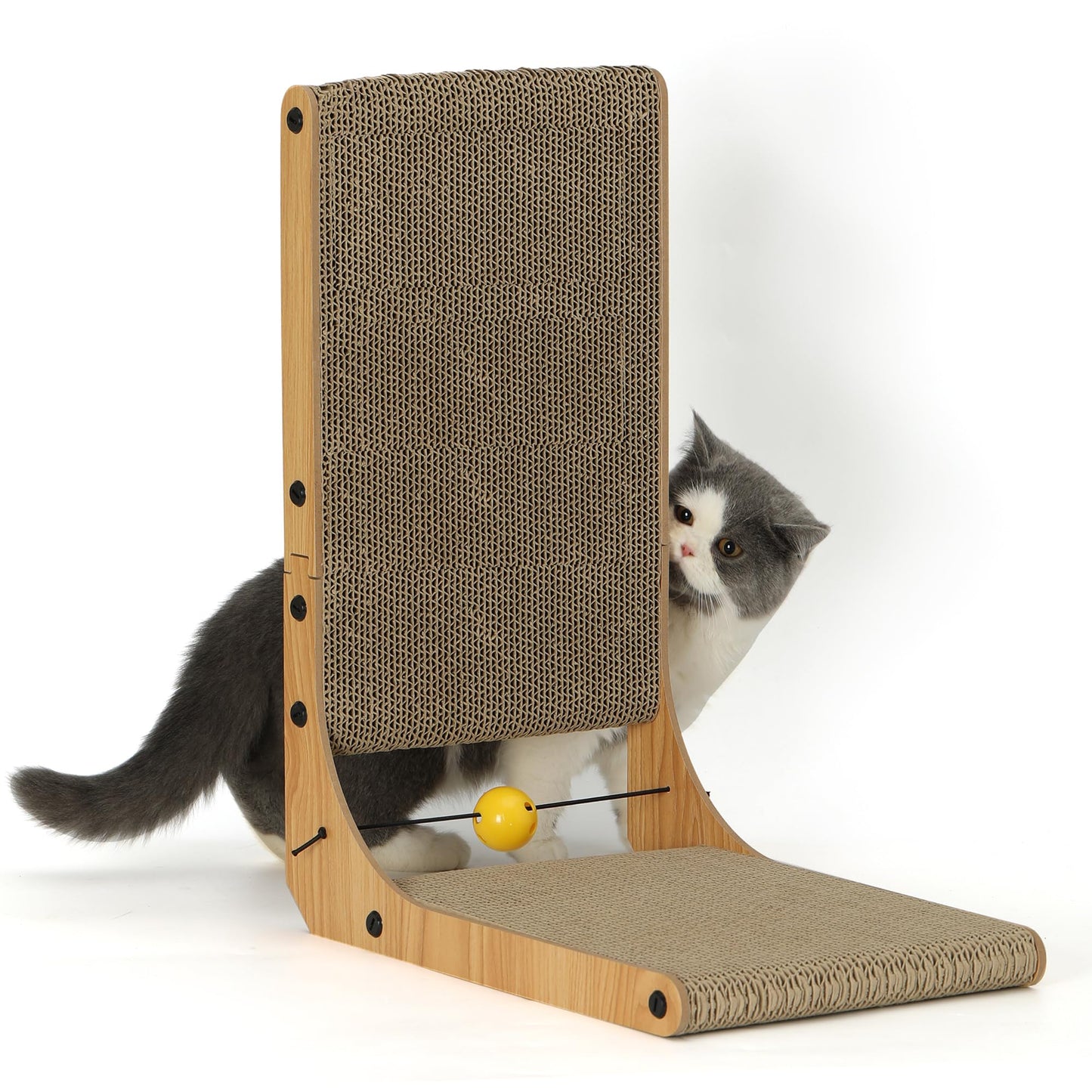 FUKUMARU Cat Scratcher, 26.8 Inch L Shape Cat Scratch Pad Wall Mounted, Cat Scratching Cardboard with Ball Toy for Indoor Cats, Large Size