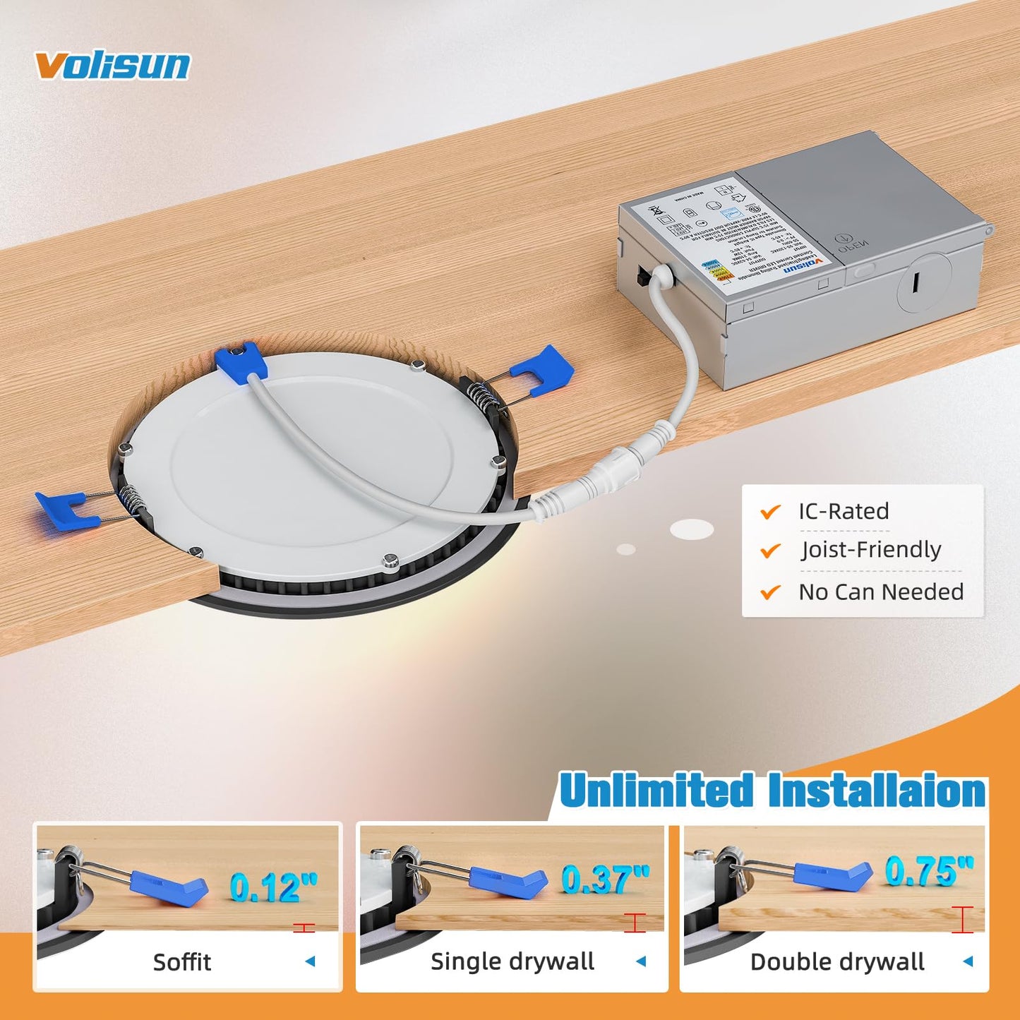 VOLISUN 24 Pack 4 inch Recessed Lighting, 5CCT LED Recessed Light with Junction Box, 2700K-5000K Selectable, 9.5W Eqv 80W, 810LM Dimmable Canless Wafer Downlight, LED Ceiling Light ETL Certificated