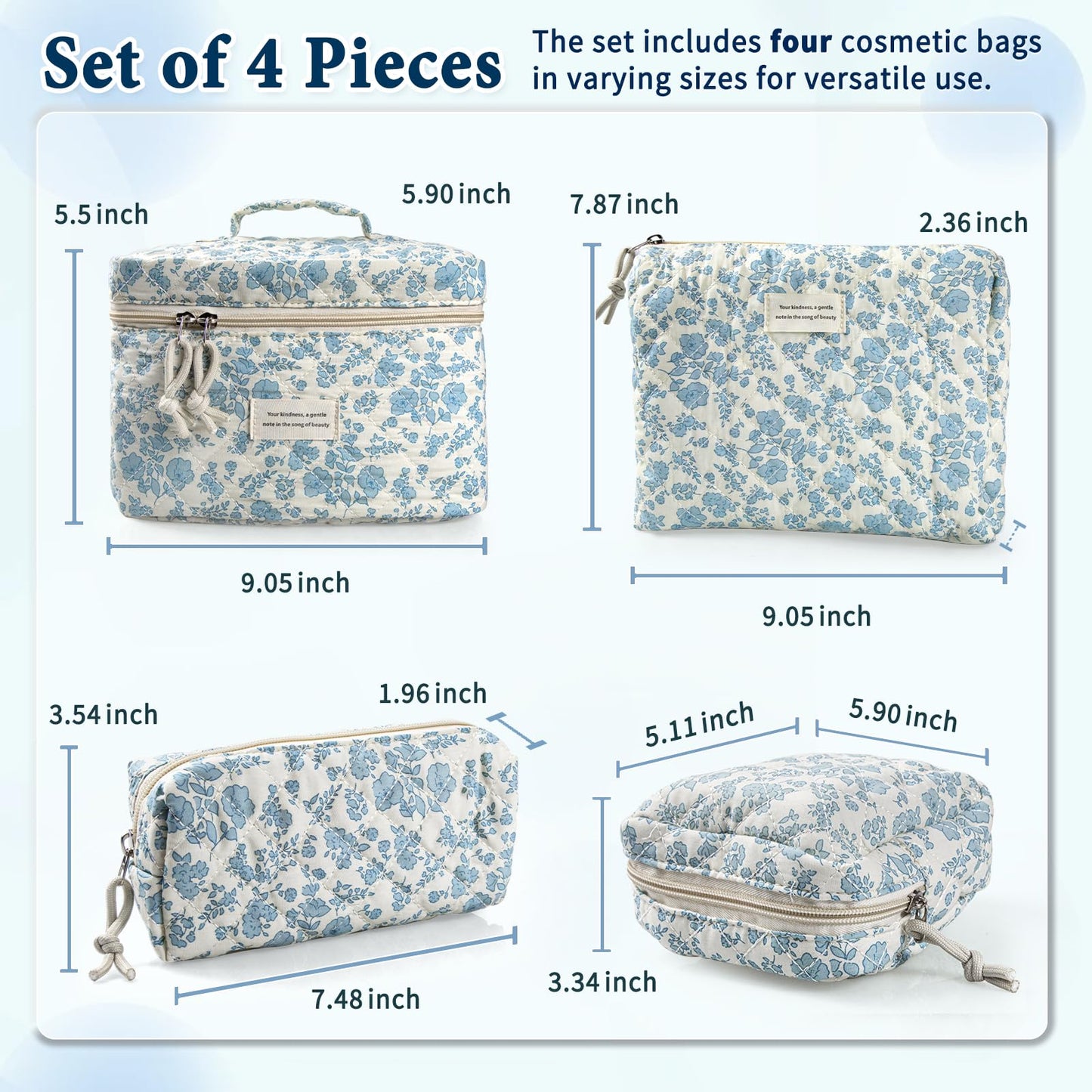 Cute Makeup Bag for Women(2 Pcs), Travel Cosmetic Bags, Quilted Coquette Aesthetic Floral Toiletry Organizer Bag (NavyBlue Flower)