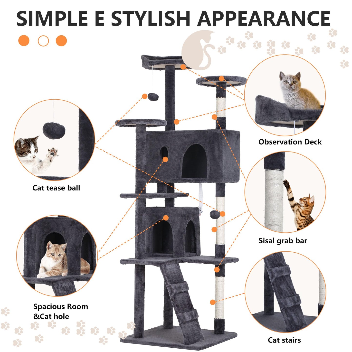 BestPet 54in Cat Tree Tower for Indoor Cats,Multi-Level Furniture Activity Center with Scratching Posts Stand House Condo Funny Toys Kittens Pet Play House,Dark Gray