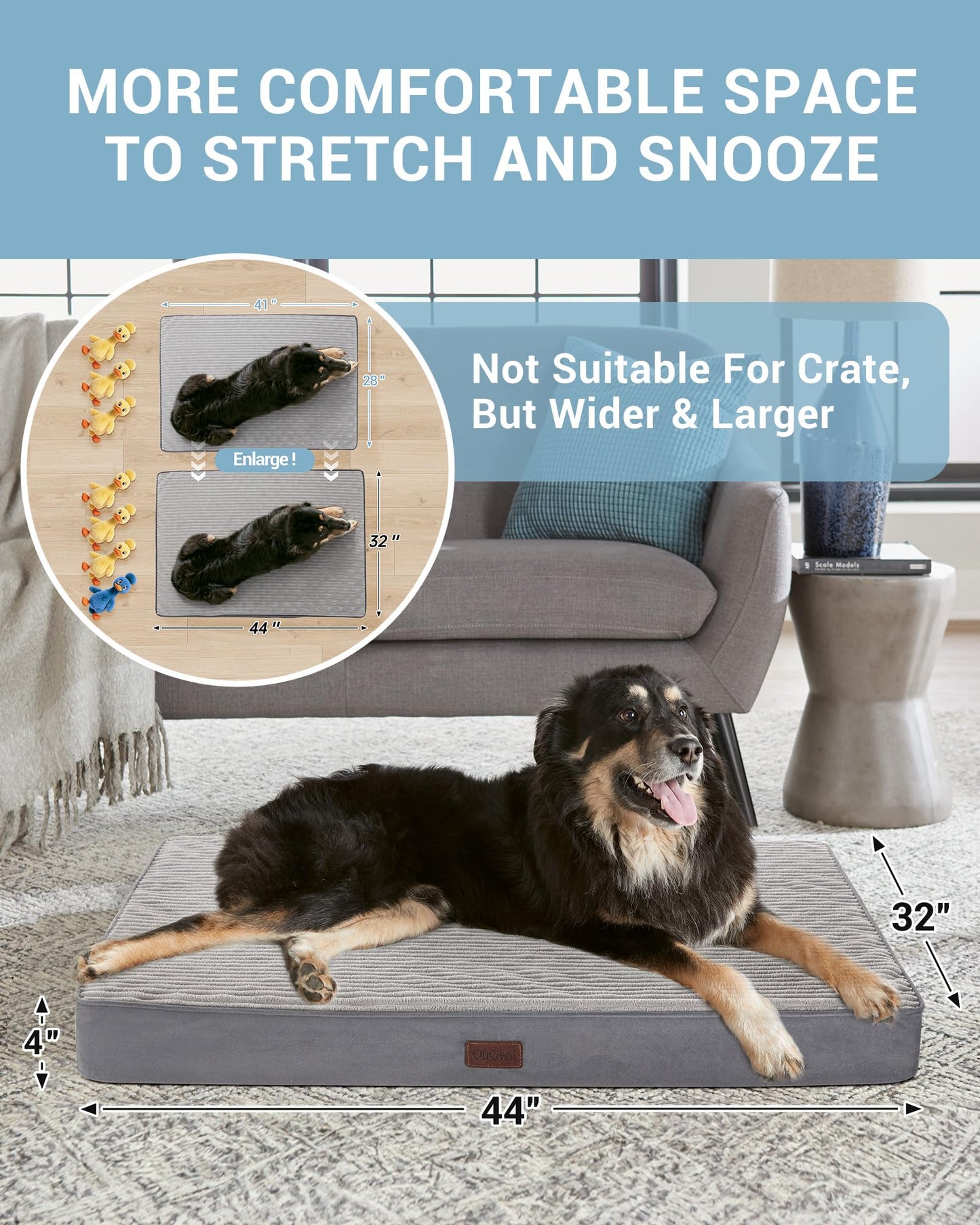 OhGeni 35 Inch Orthopedic Waterproof & Machine Washable Dog Bed for Medium Large Pets, Suitable for Crates, 25D Egg Crate Foam, Non-Slip Bottom & Removable Cover, Invisible Zipper(Gray)
