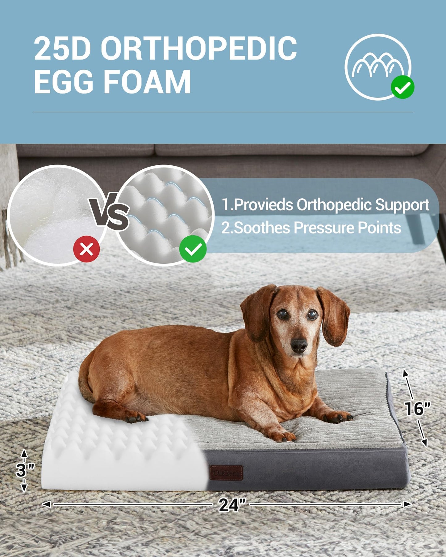 OhGeni 35 Inch Orthopedic Waterproof & Machine Washable Dog Bed for Medium Large Pets, Suitable for Crates, 25D Egg Crate Foam, Non-Slip Bottom & Removable Cover, Invisible Zipper(Gray)