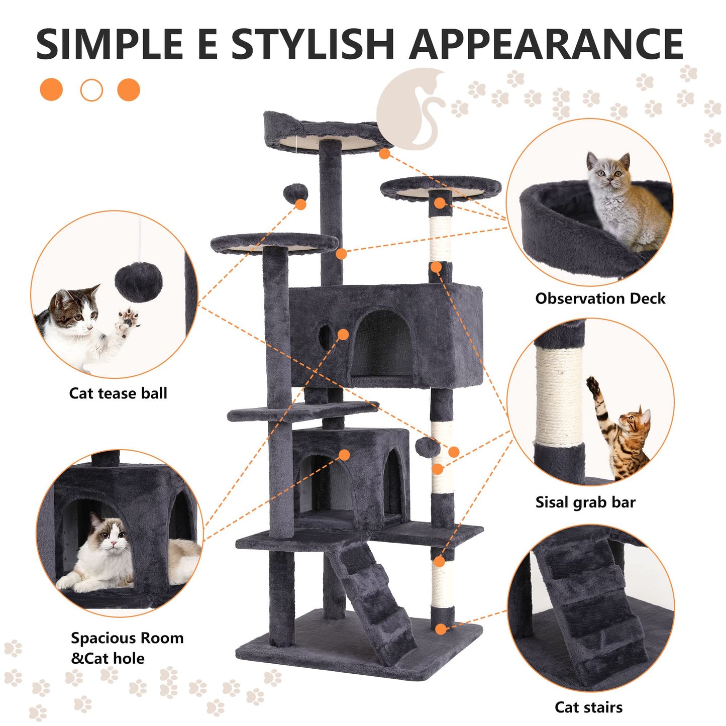 BestPet 54in Cat Tree Tower for Indoor Cats,Multi-Level Furniture Activity Center with Scratching Posts Stand House Condo Funny Toys Kittens Pet Play House,Dark Gray