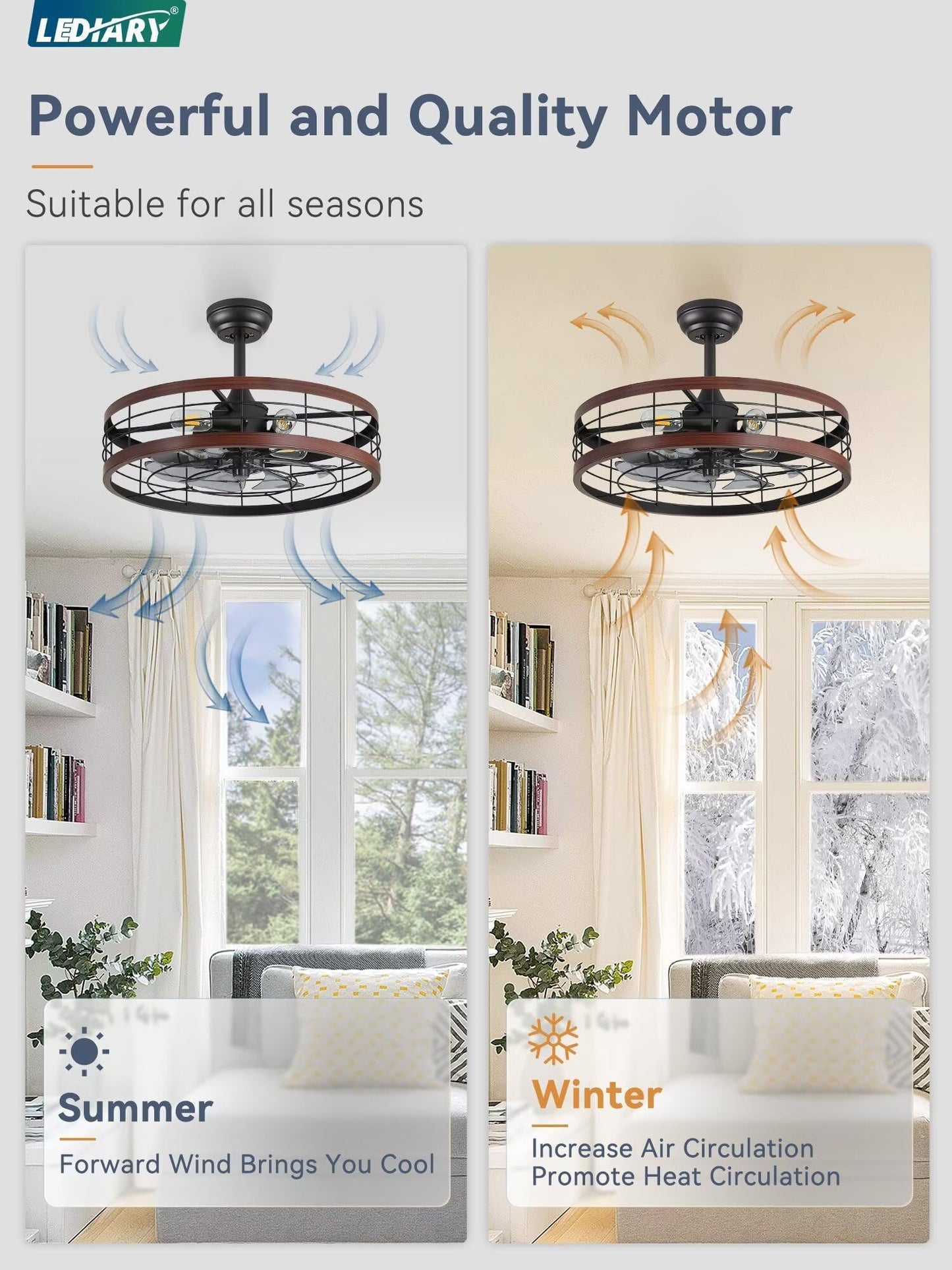 LEDIARY 16.5 inch Black Caged Ceiling Fan with Light, Fandelier Industrial Ceiling Fan with Remote, Farmhouse Fan Lights Ceiling Fixtures for Kitchen, Bedroom, Outdoor(6 Speed, Timing)-Black