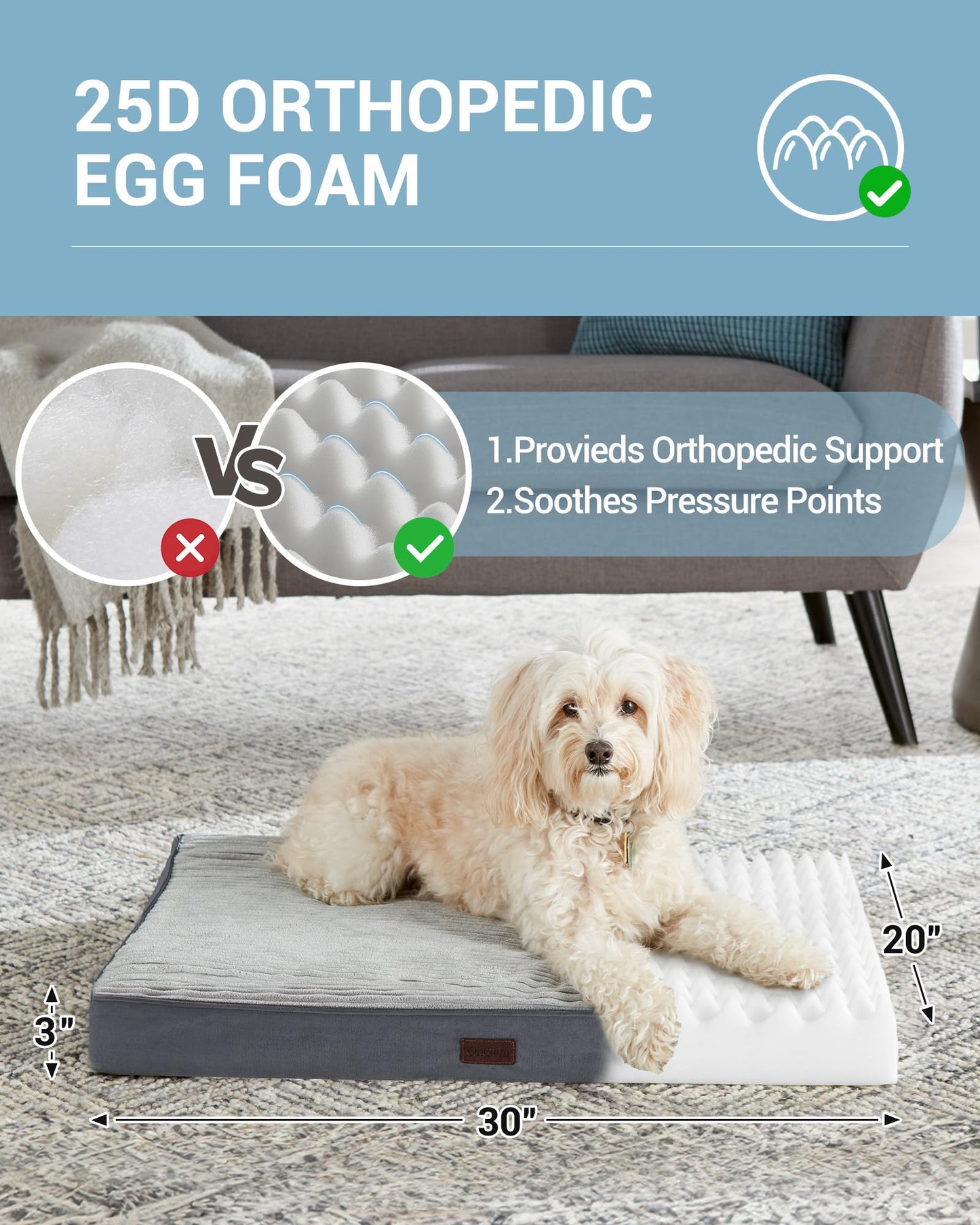 OhGeni 35 Inch Orthopedic Waterproof & Machine Washable Dog Bed for Medium Large Pets, Suitable for Crates, 25D Egg Crate Foam, Non-Slip Bottom & Removable Cover, Invisible Zipper(Gray)