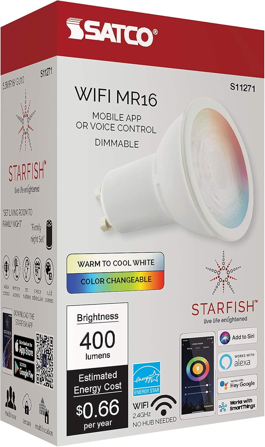 Satco Starfish S11271 MR16 WiFi Smart LED Light Bulb, Works with Siri, Alexa, Google Assistant, SmartThings, 5.5 Watts, 2700K-5000K, 400 Lumens, Color Changing & Tunable White