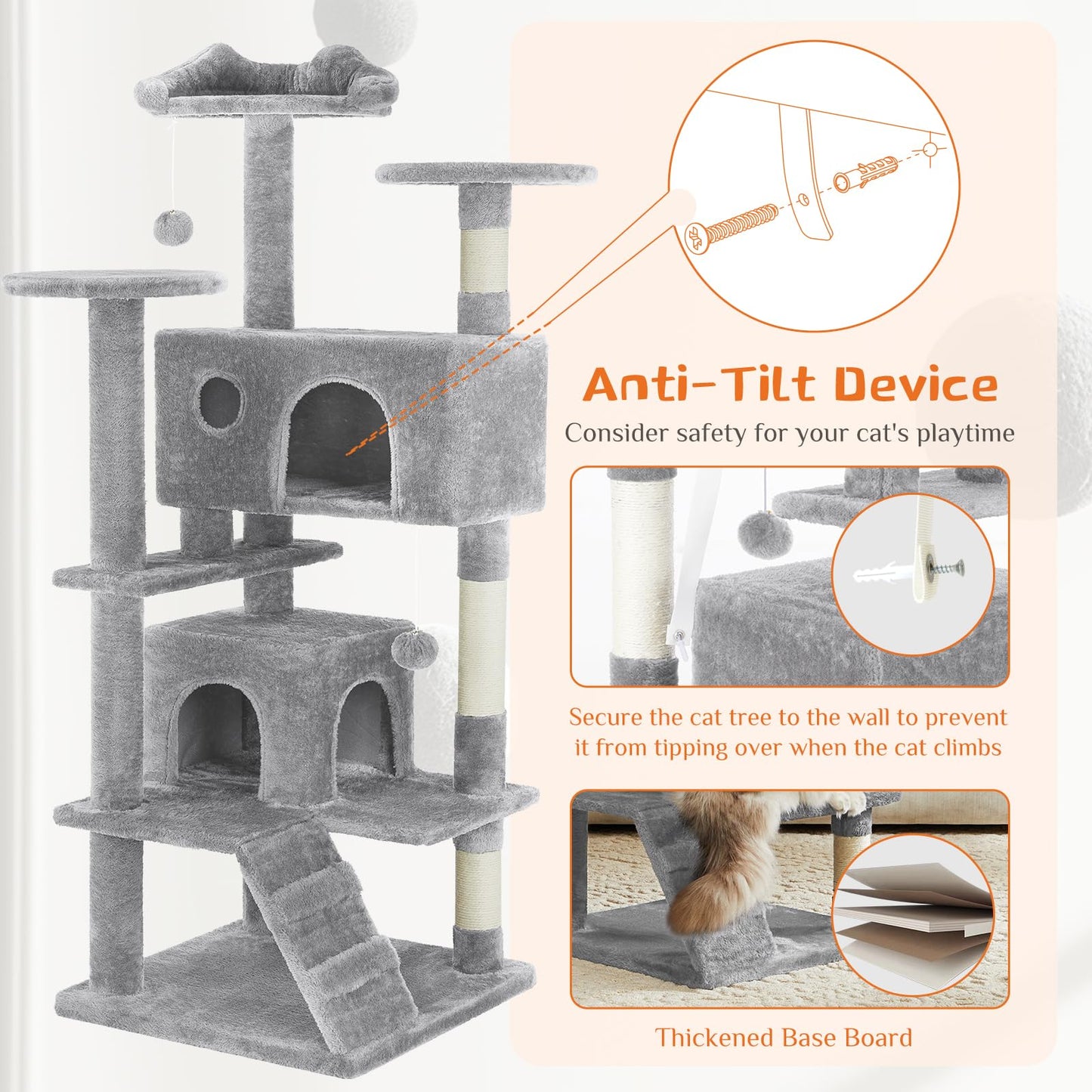 Sweetcrispy 54-Inch Cat Tree Tower – Multi-Level with Sisal Scratching Post, Perfect Pet Gift, Indoor Condo with Climbing Ladder, Plush Toy, and More Animal Stuff, Light Grey
