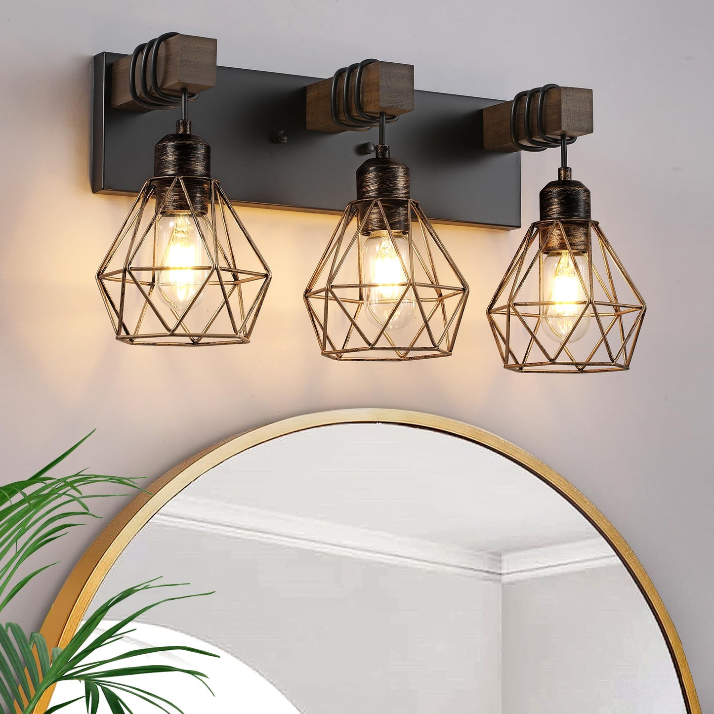 Farmhouse Vanity Light for Bathroom, 3-Light Wood Bathroom Vanity Light Fixtures Over Mirror, Rustic Sconces Wall Lighting with Metal Lampshade for Living Room, Bedroom, Hallway