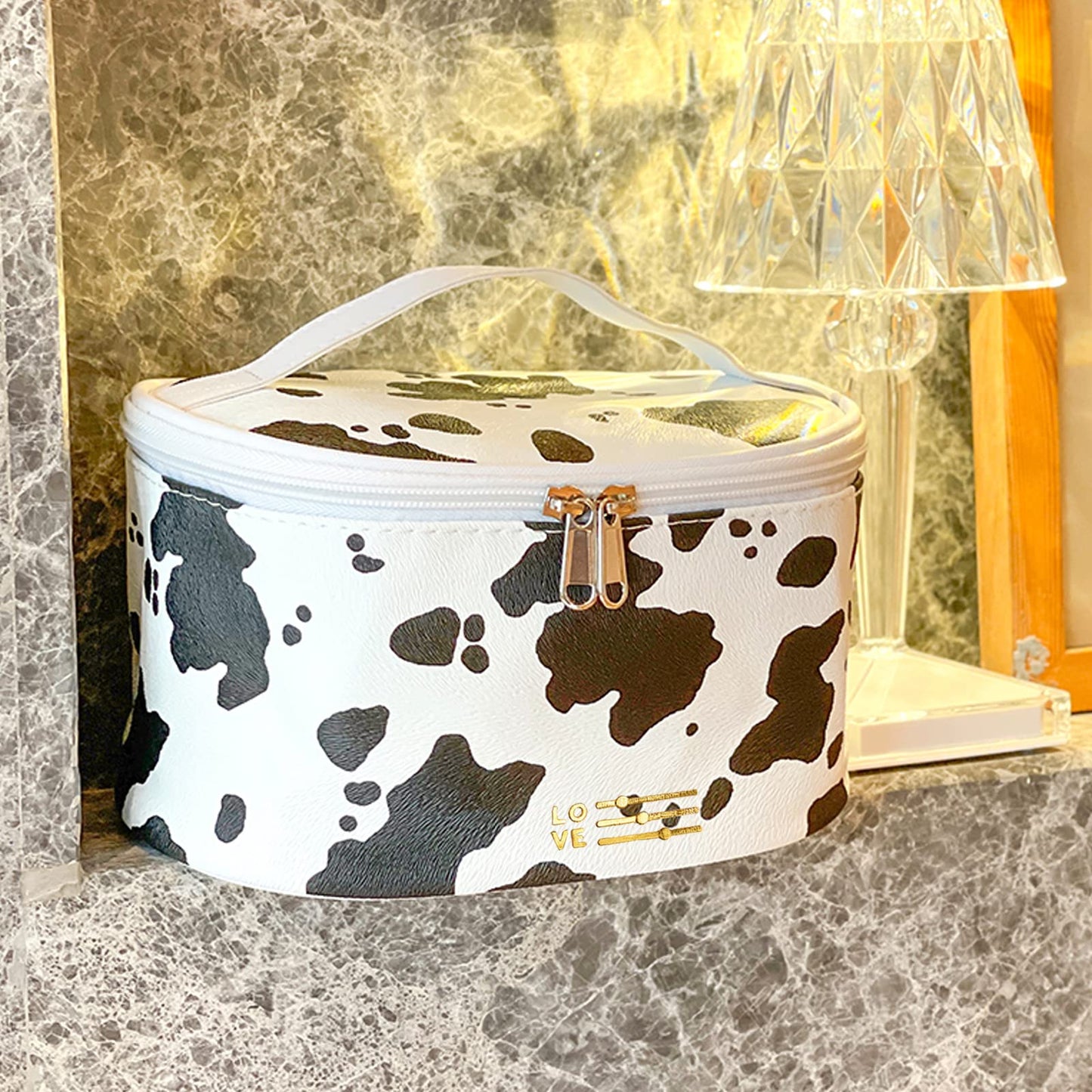 Meiyuuo Cute Makeup Bag Small Cosmetic Bags for Women Girls Gift for Teens Medium Pouch for Purse Essentials Toiletry Zip Pouch PU Waterproof Organizer Case (Cow Print)