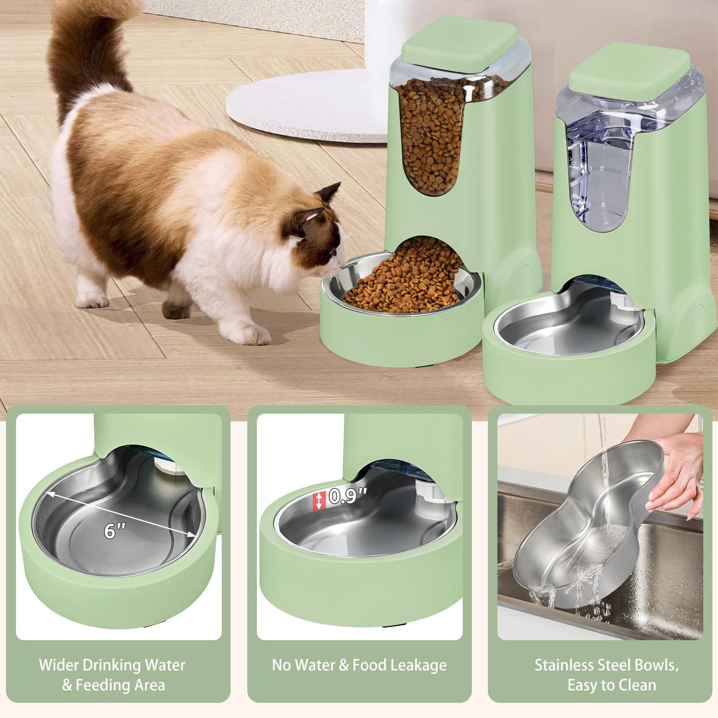 2 Pack Automatic Cat Feeder and Stainless Steel Water Dispenser, Gravity Dog Waterer Set Food Feeder and Waterer Set for Small Medium Kitten Puppy Pets(1 Gallon x 2, Charcoal Gray)