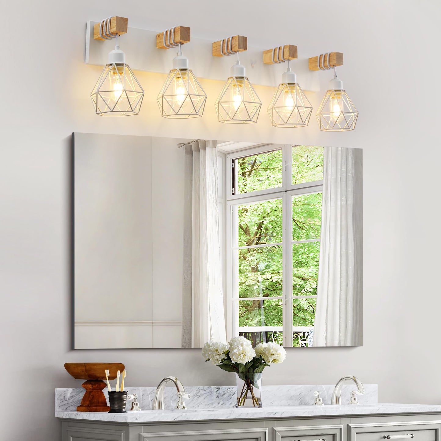 Farmhouse Vanity Light for Bathroom, 3-Light Wood Bathroom Vanity Light Fixtures Over Mirror, Rustic Sconces Wall Lighting with Metal Lampshade for Living Room, Bedroom, Hallway
